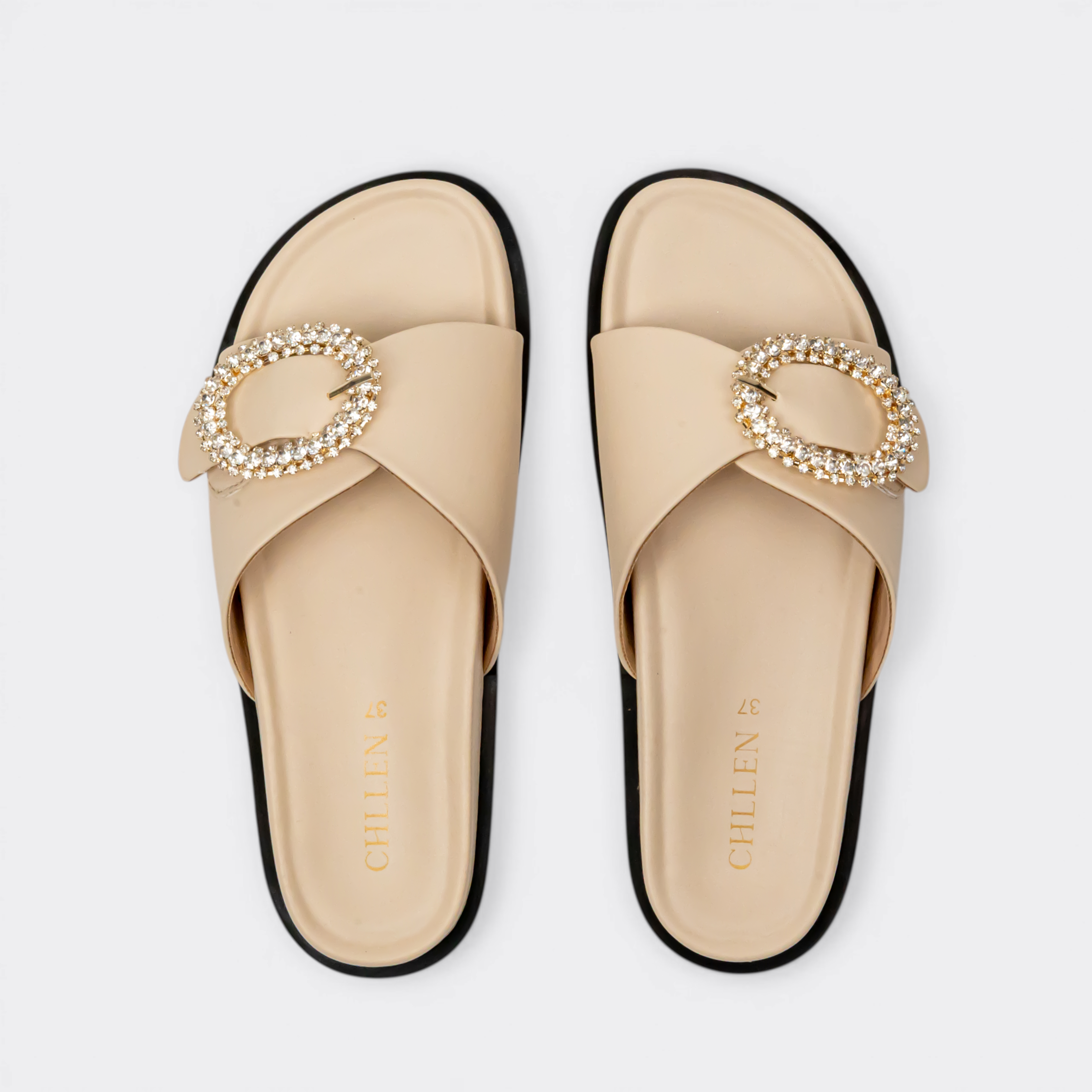 CHLLEN Beige Opal Crystal Buckle Slides