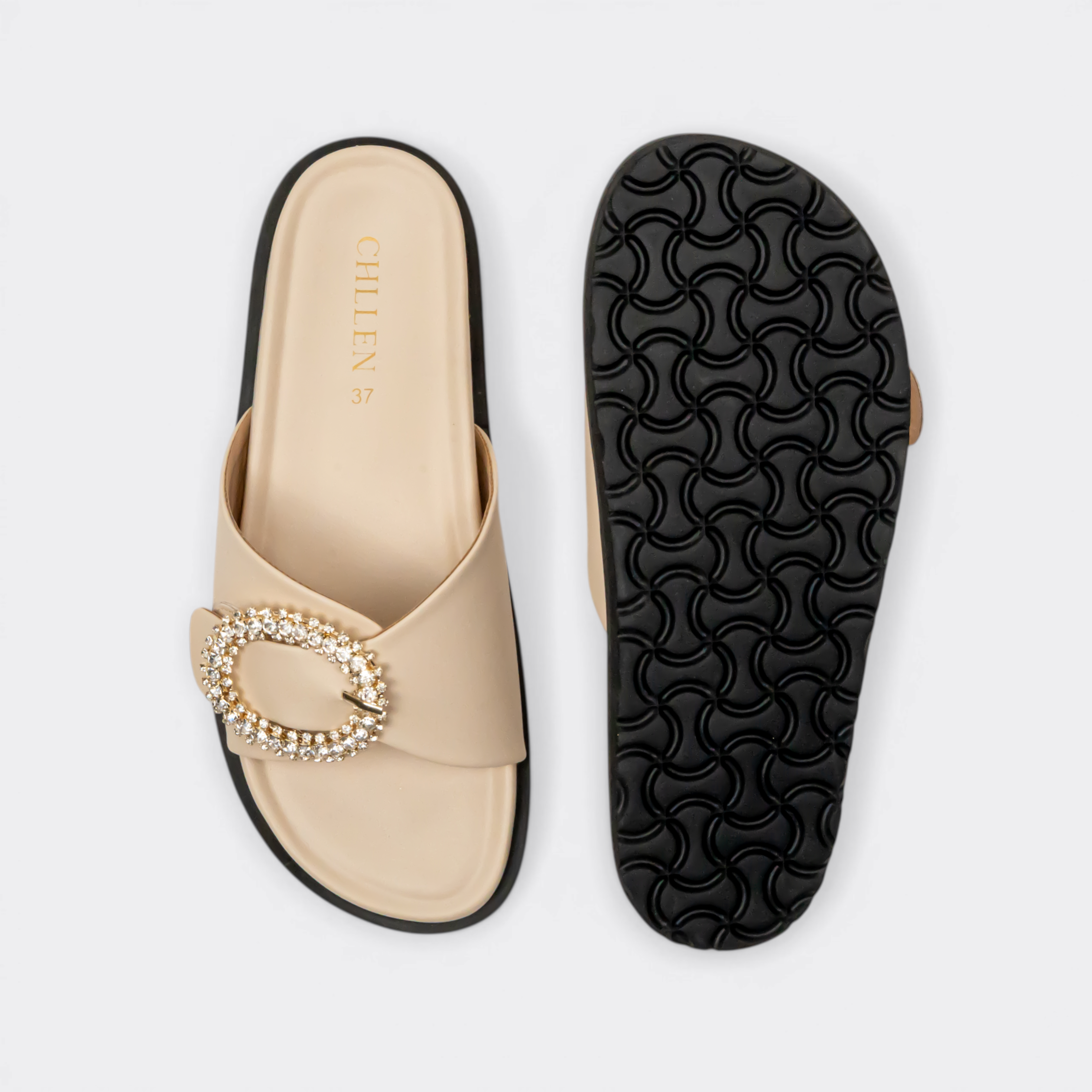 CHLLEN Beige Opal Crystal Buckle Slides