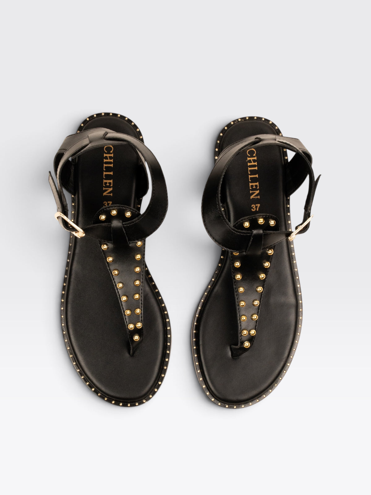 CHLLEN Black Studded Toe-Loop Flat Sandals with Ankle Buckle