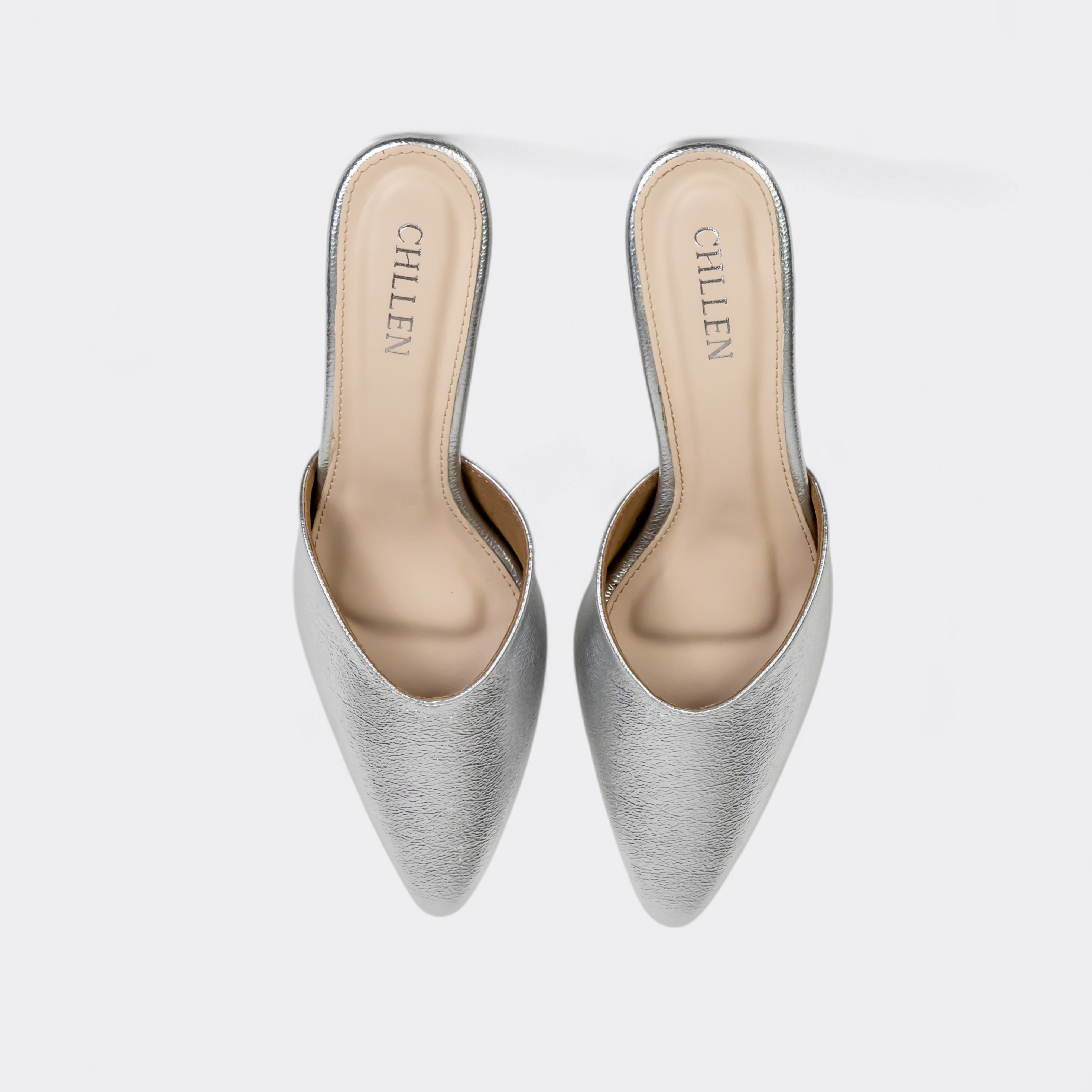 CHLLEN Silver Luxe Pointed Mule Heels