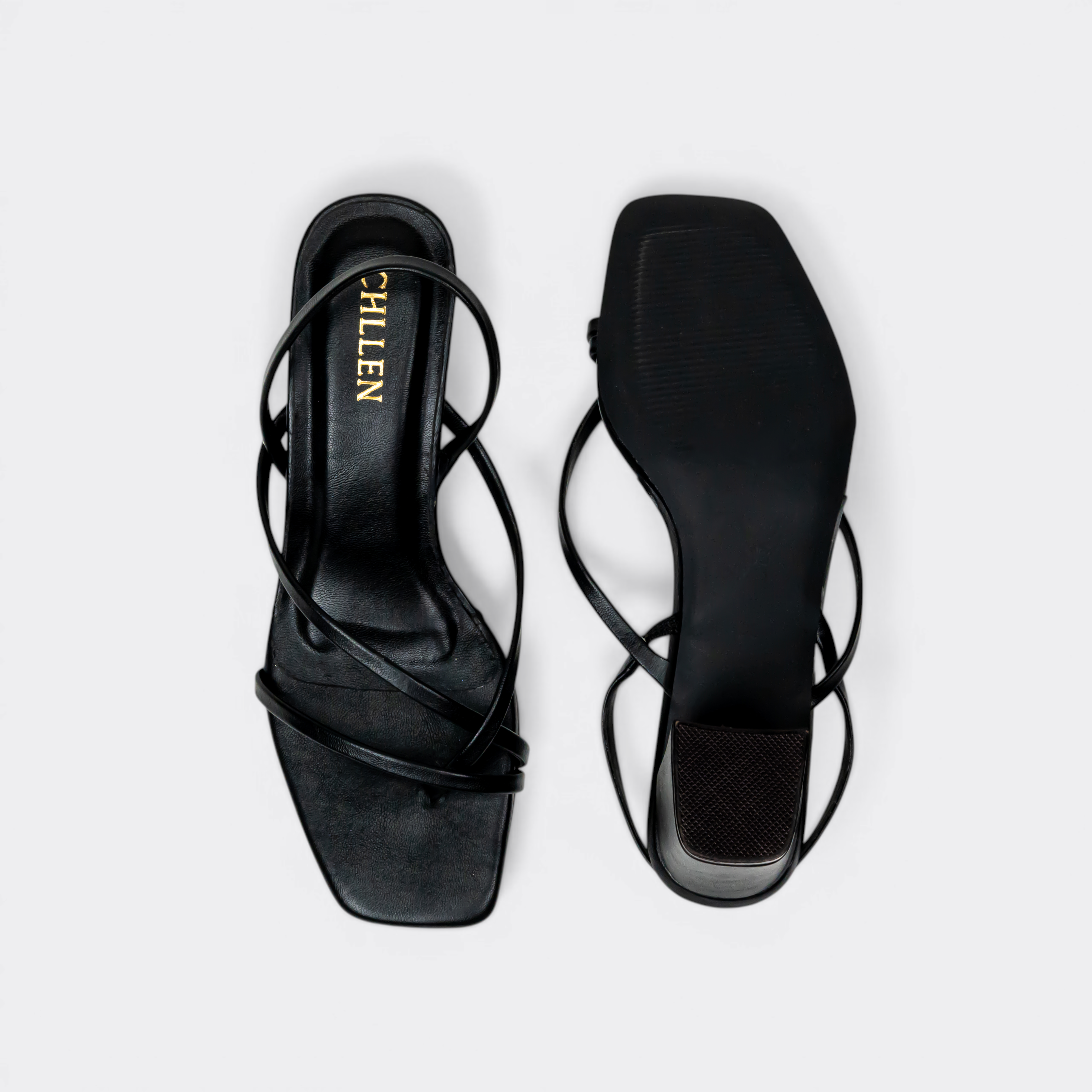 CHLLEN Noir Minimal Strap Slingback Heels