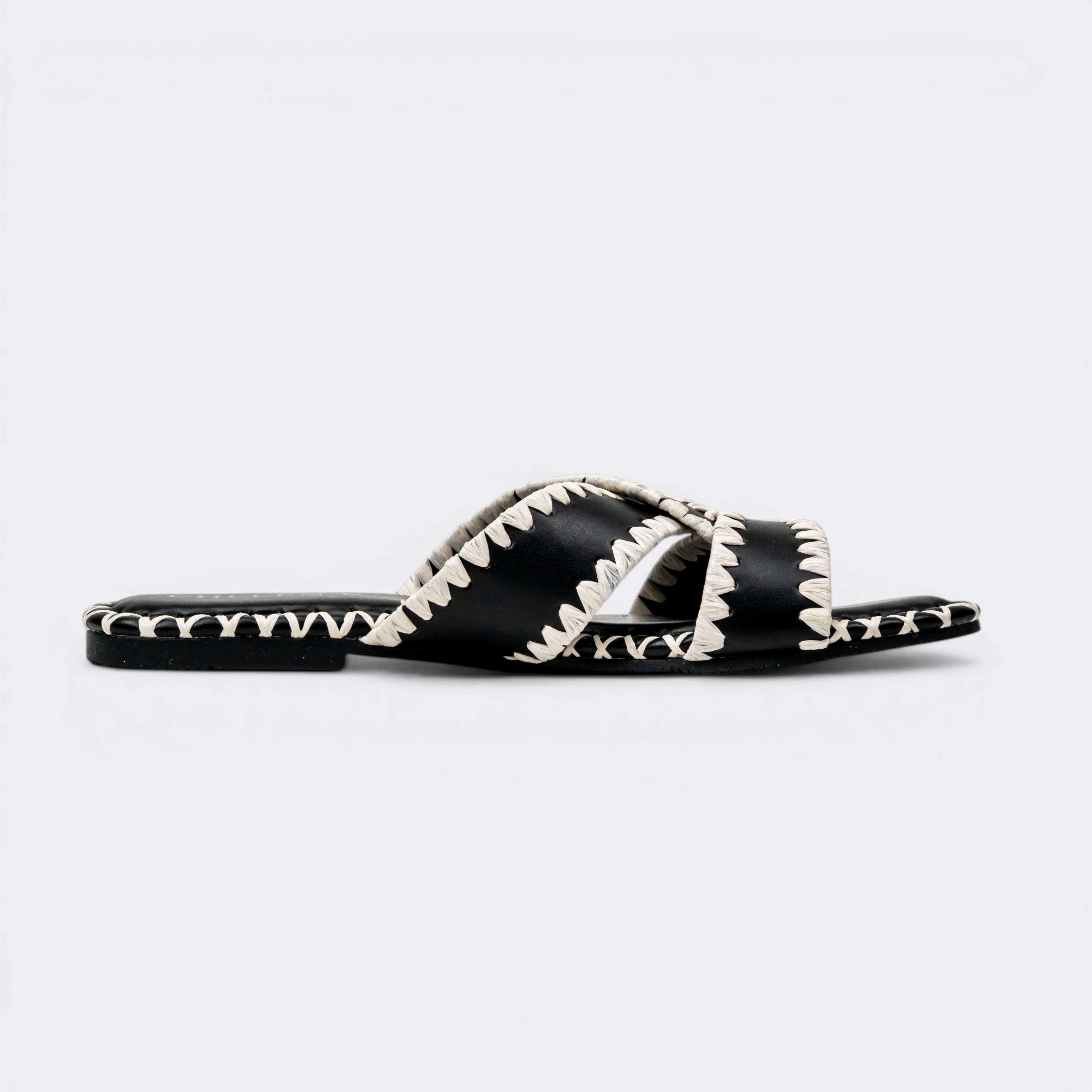 CHLLEN Noir Contrast Stitch Cross-Strap Flats