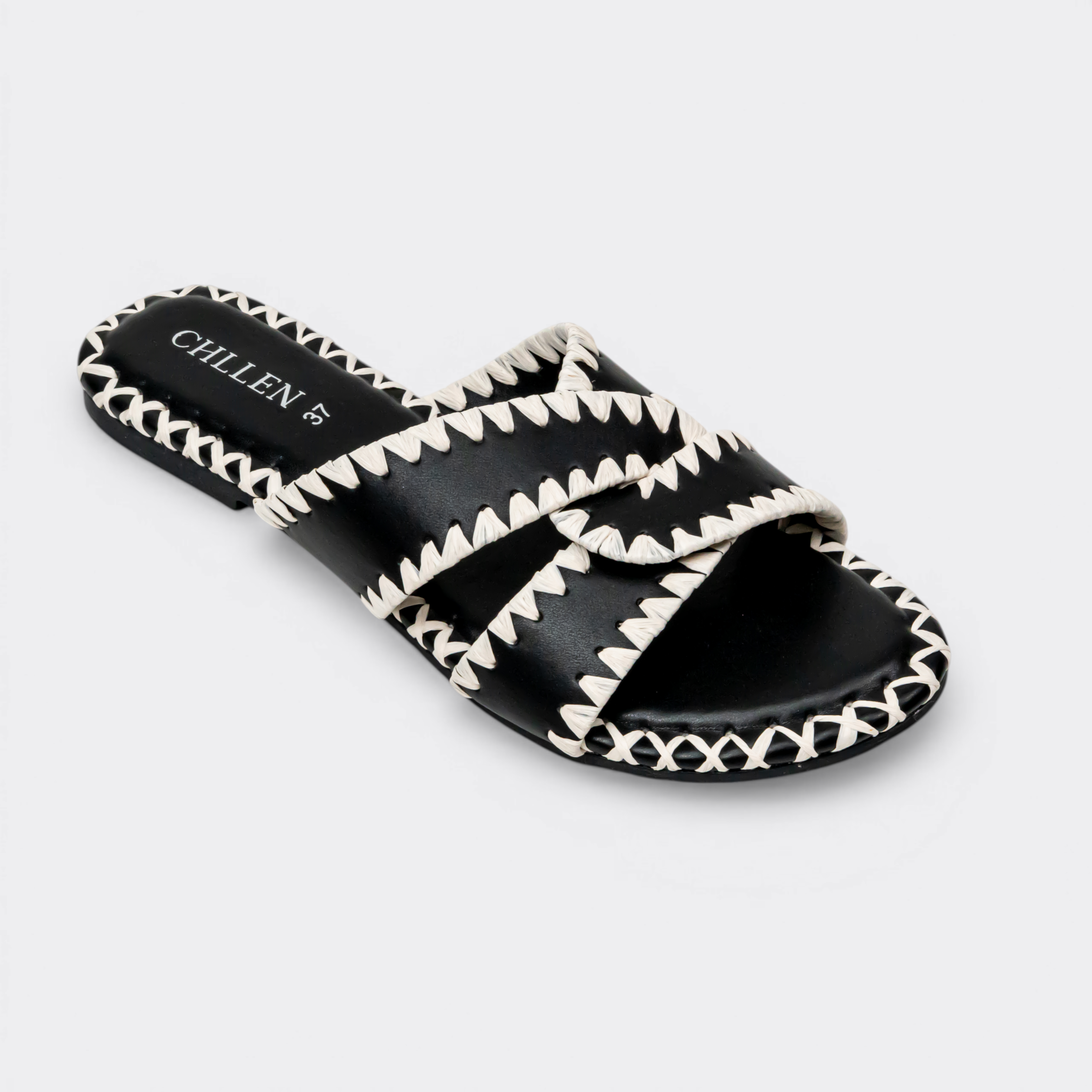 CHLLEN Noir Contrast Stitch Cross-Strap Flats