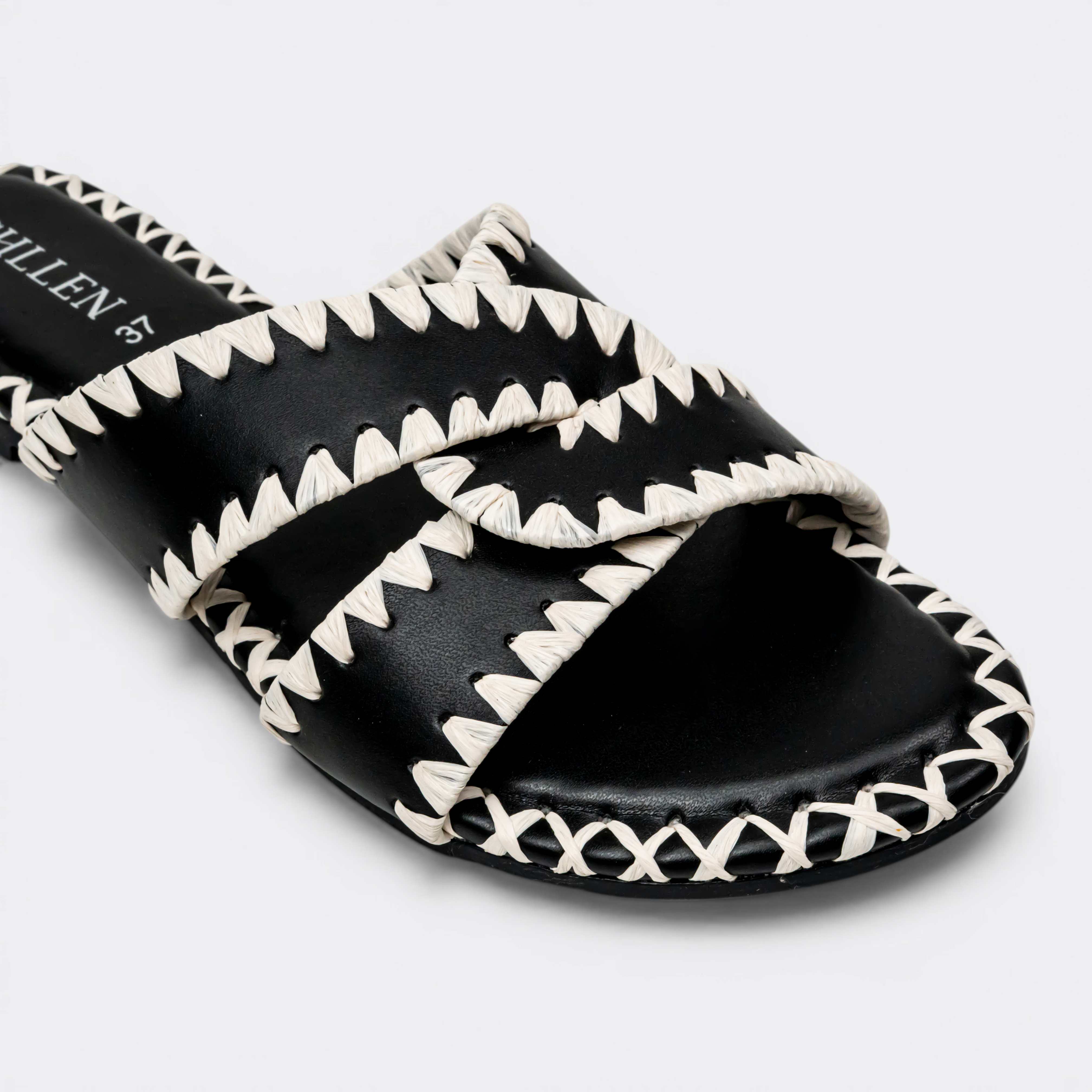 CHLLEN Noir Contrast Stitch Cross-Strap Flats