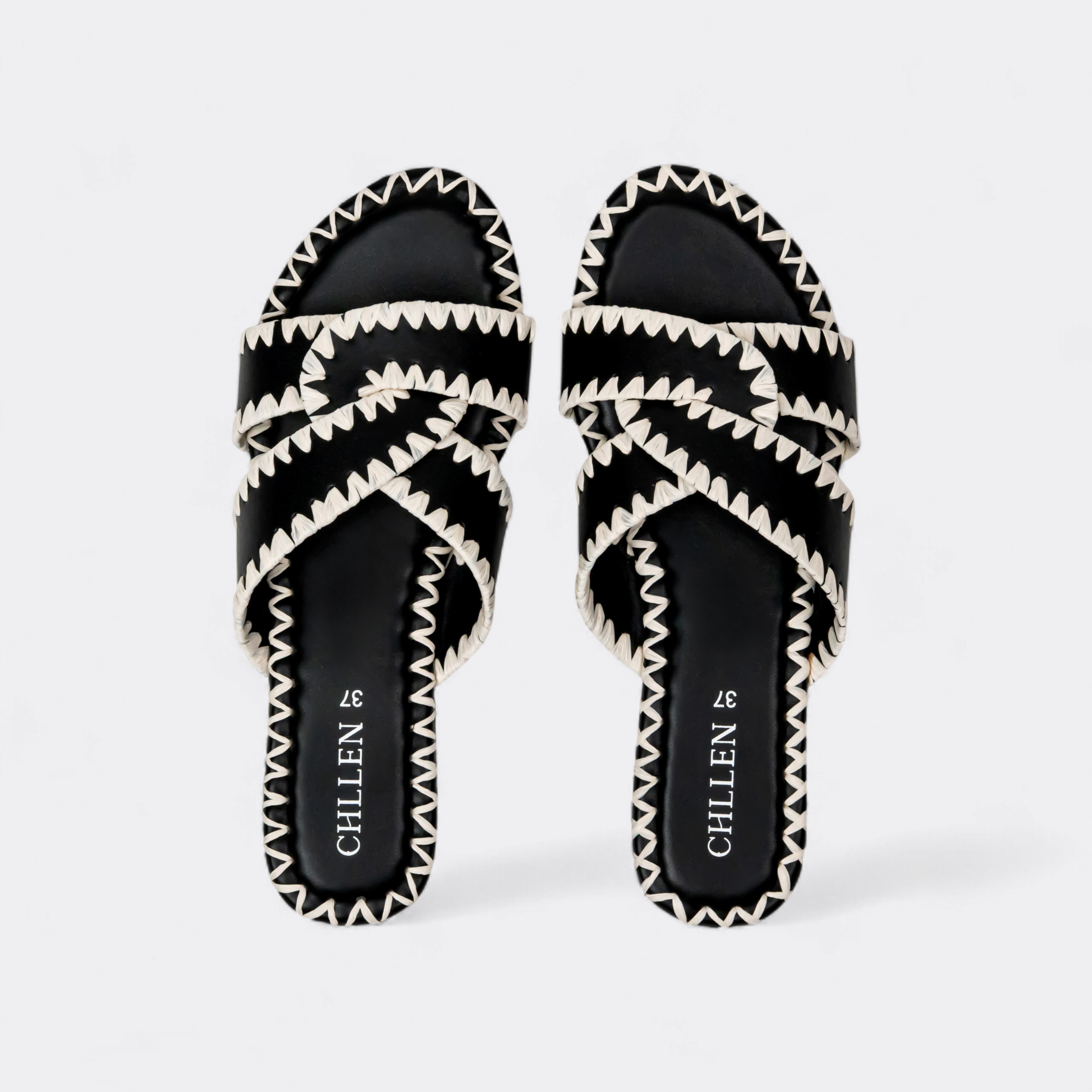 CHLLEN Noir Contrast Stitch Cross-Strap Flats
