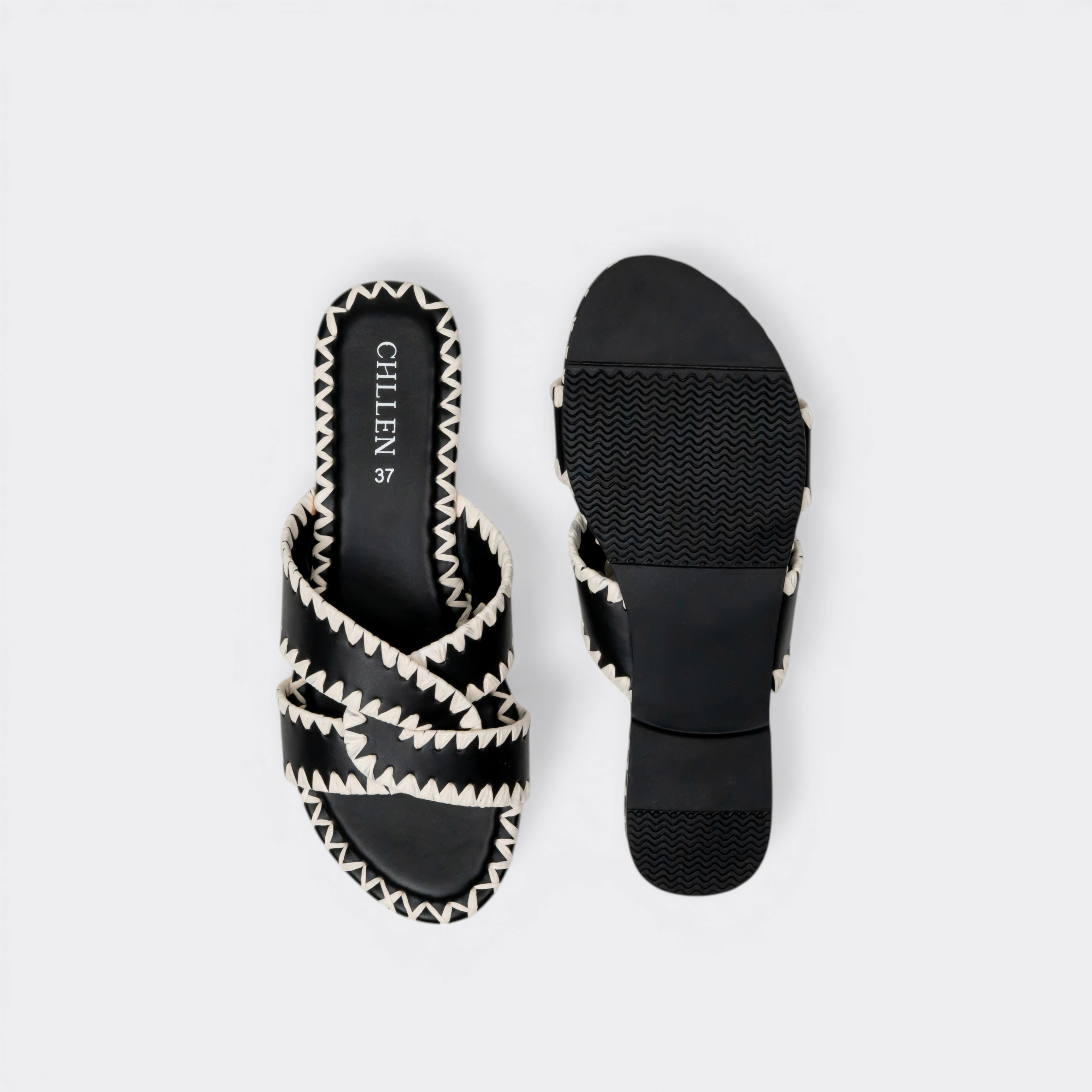 CHLLEN Noir Contrast Stitch Cross-Strap Flats
