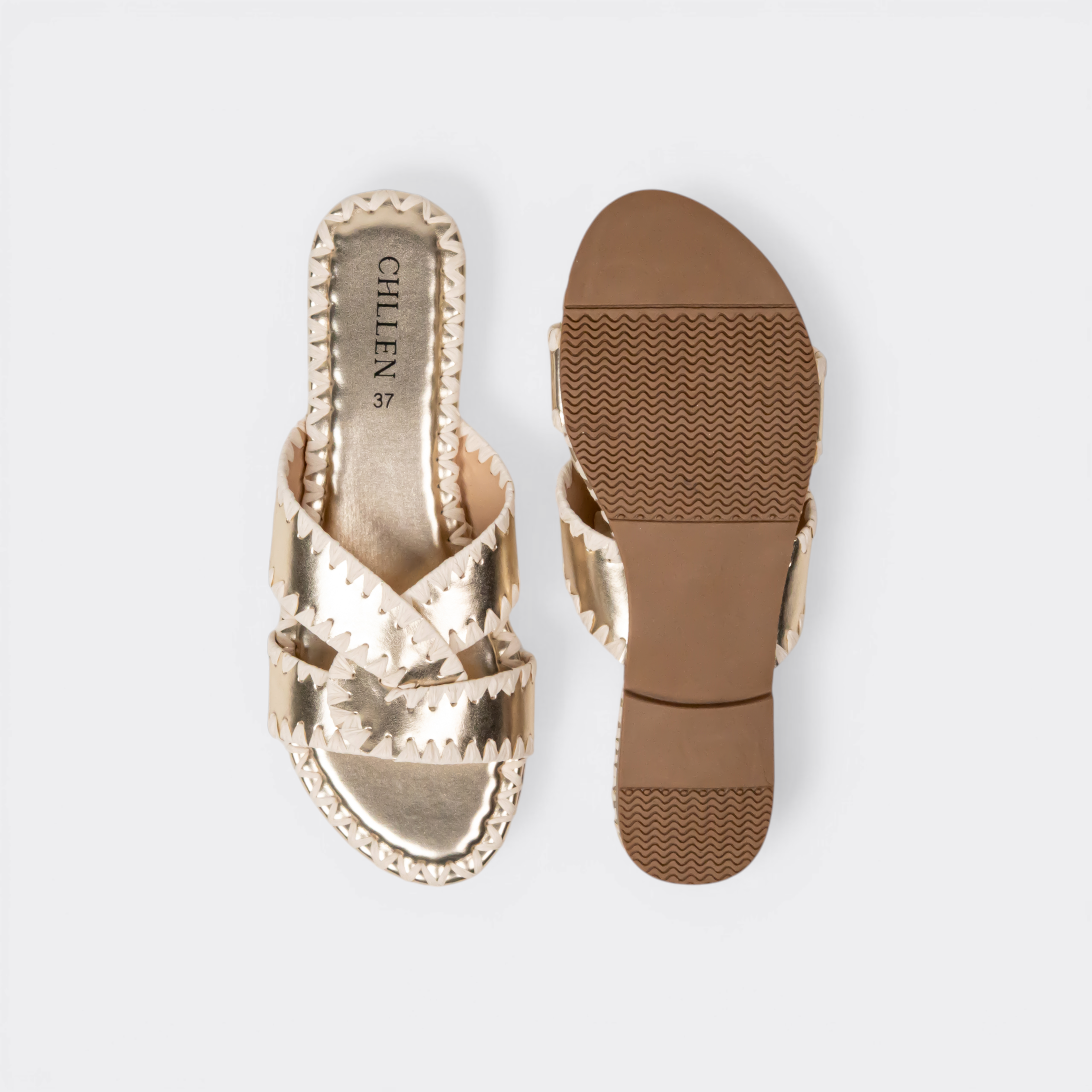 CHLLEN Gold Contrast Stitch Cross-Strap Flats