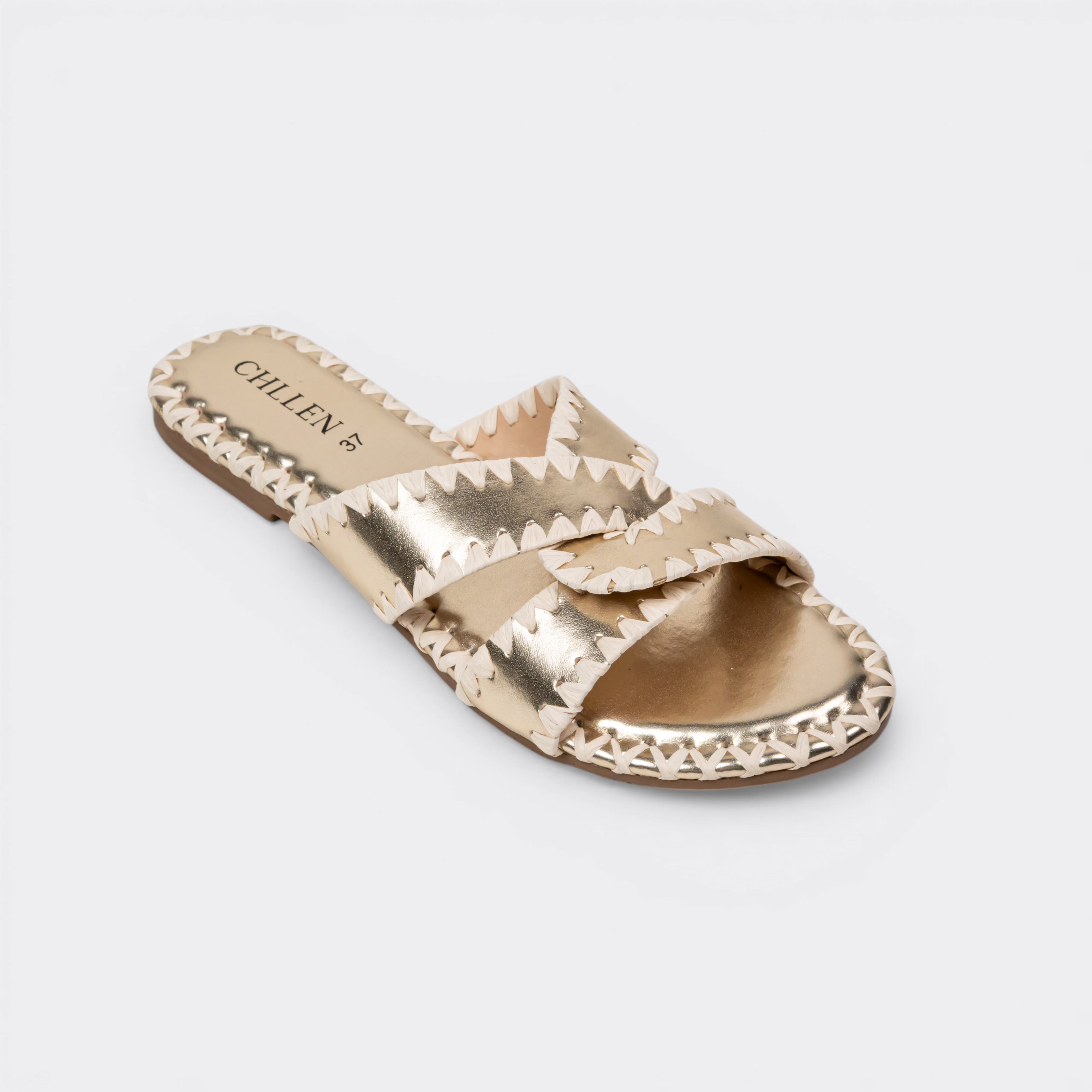 CHLLEN Gold Contrast Stitch Cross-Strap Flats