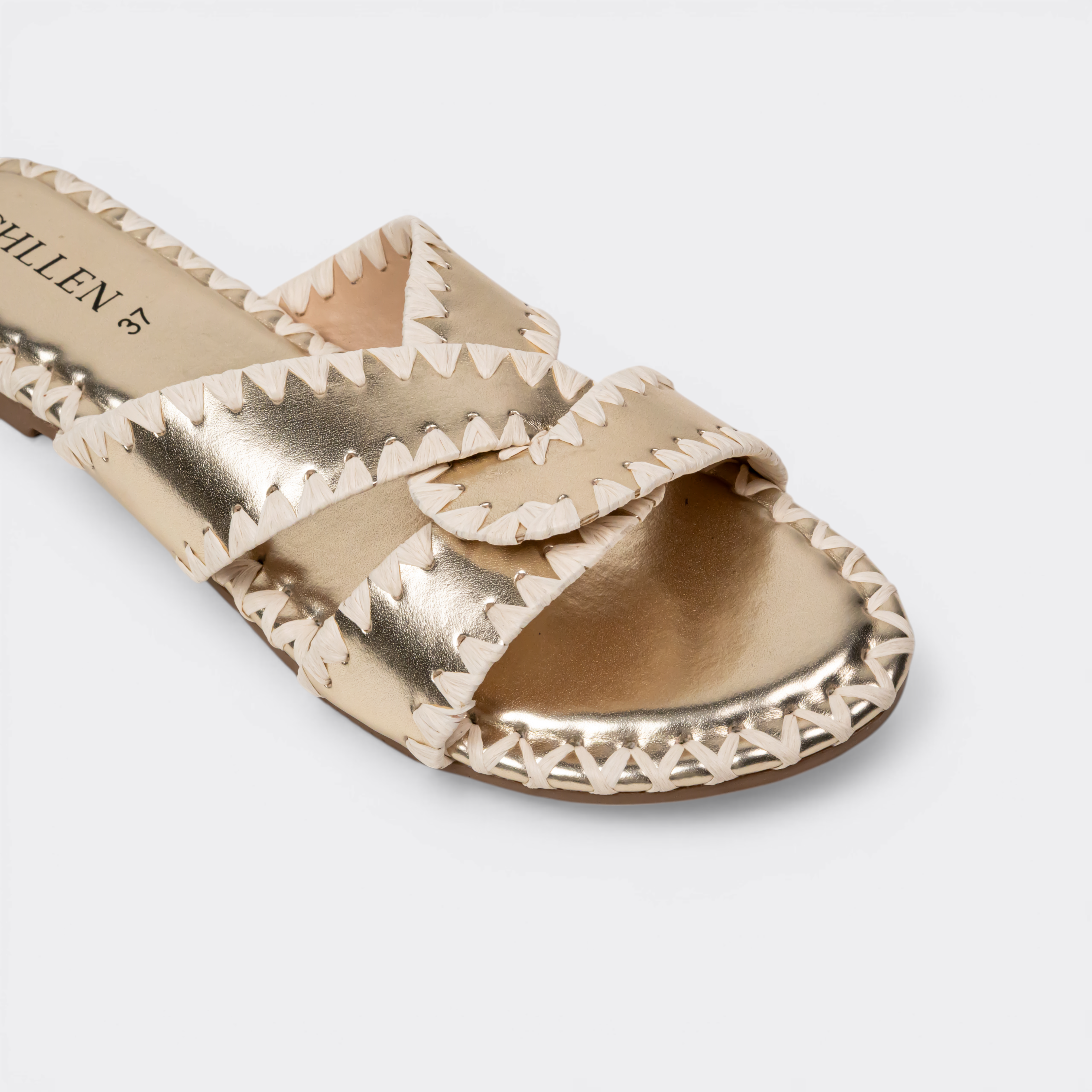 CHLLEN Gold Contrast Stitch Cross-Strap Flats