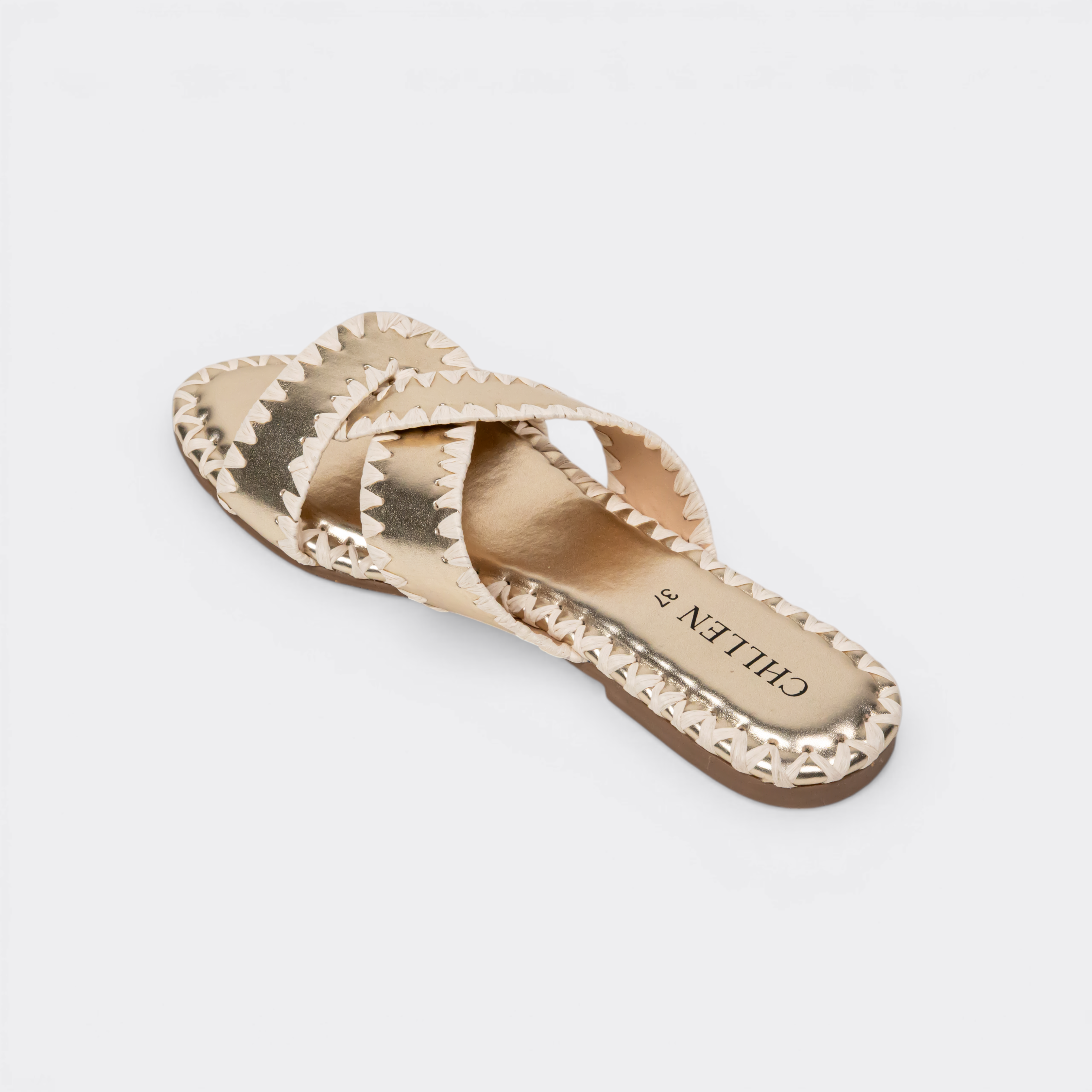 CHLLEN Gold Contrast Stitch Cross-Strap Flats