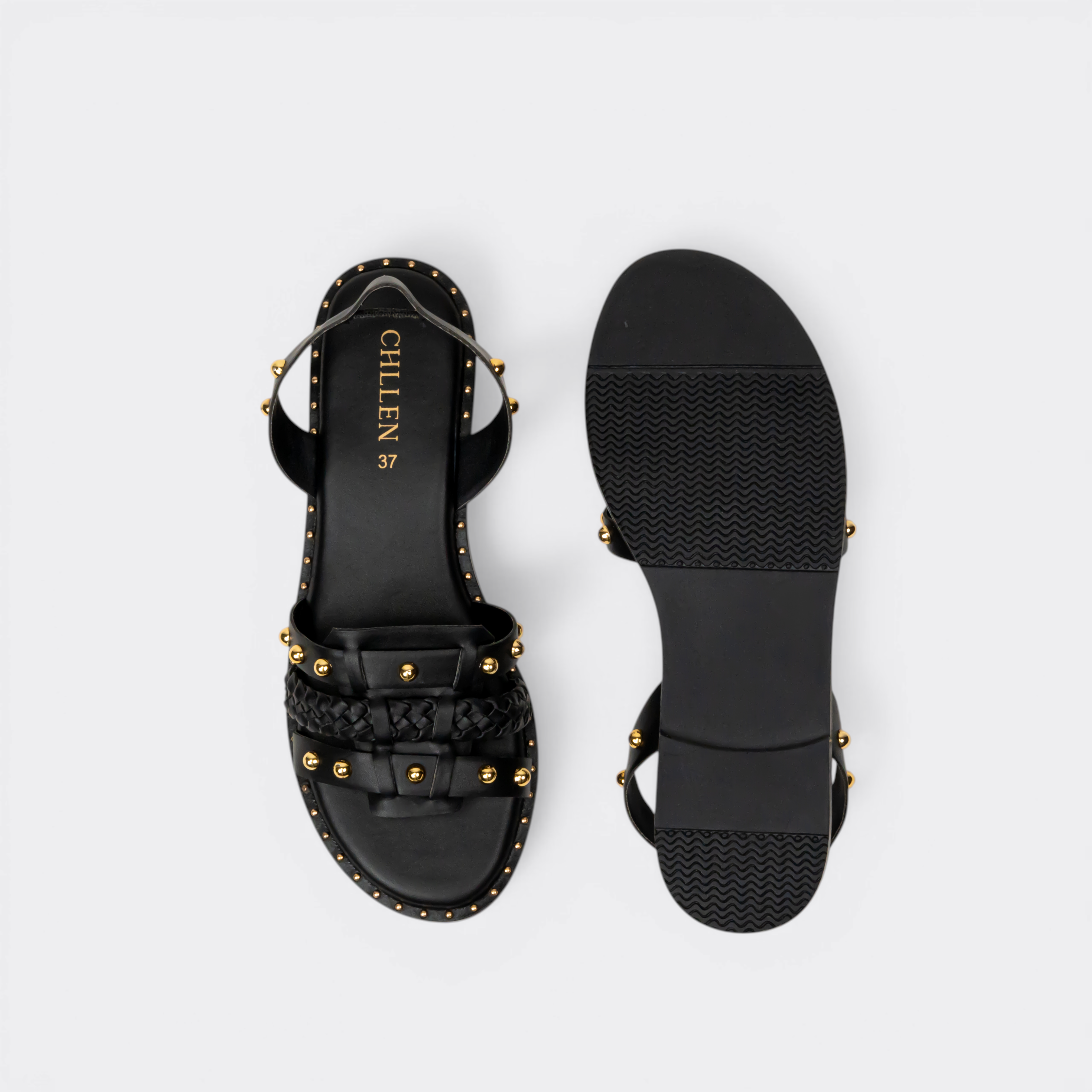 CHLLEN Noir Studded Braided Slingback Flats