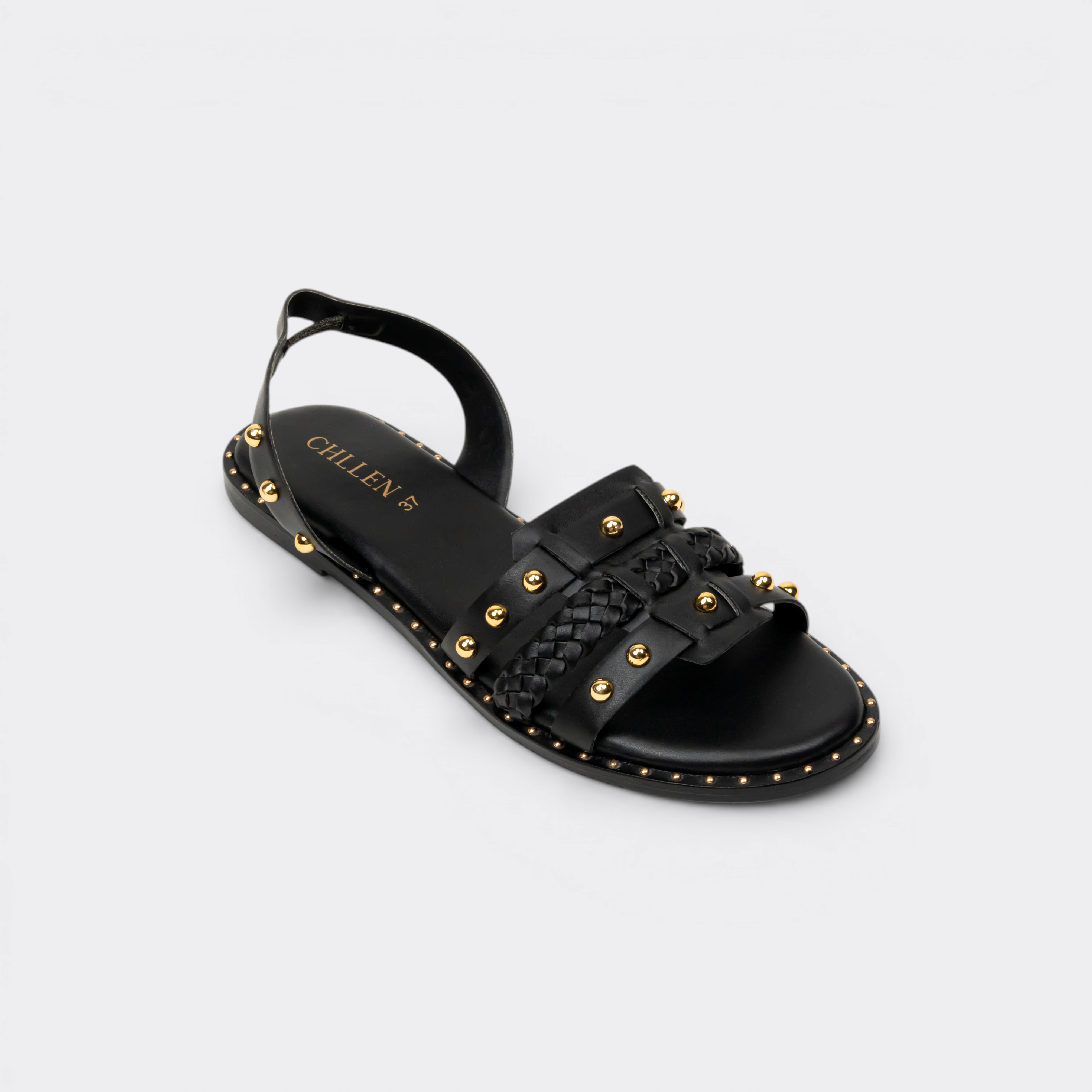 CHLLEN Noir Studded Braided Slingback Flats