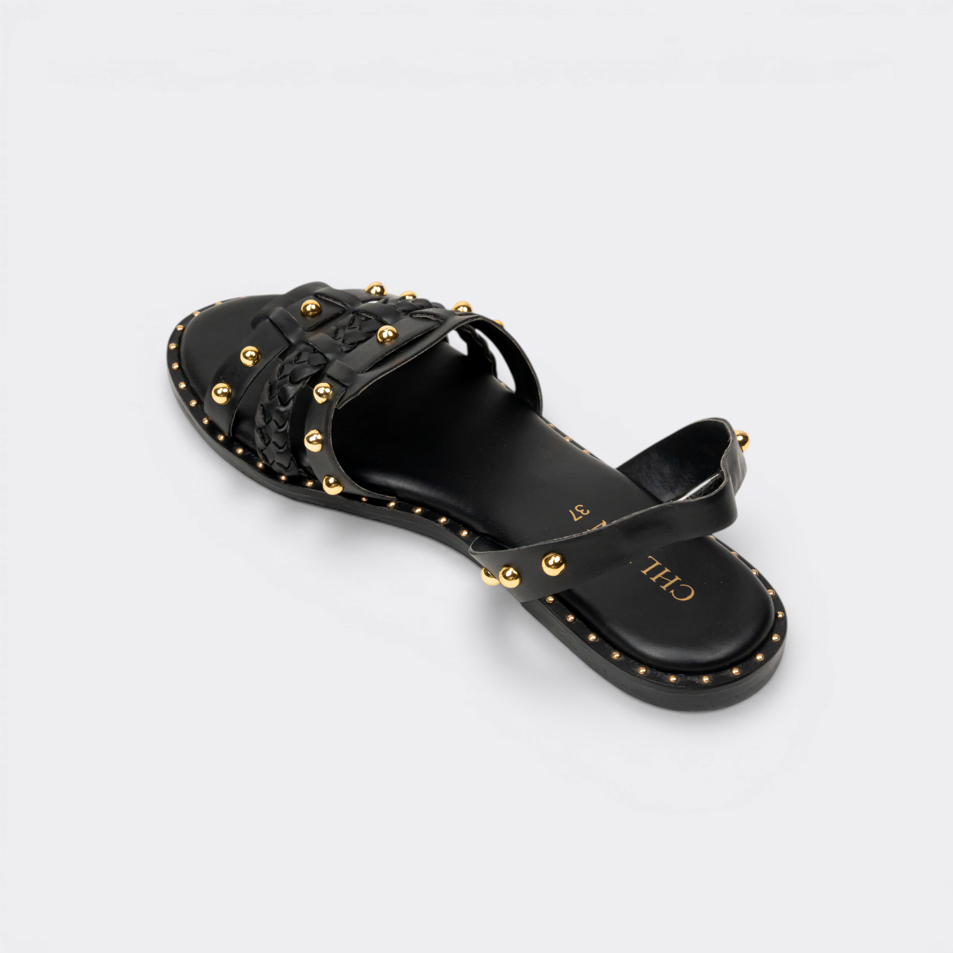 CHLLEN Noir Studded Braided Slingback Flats