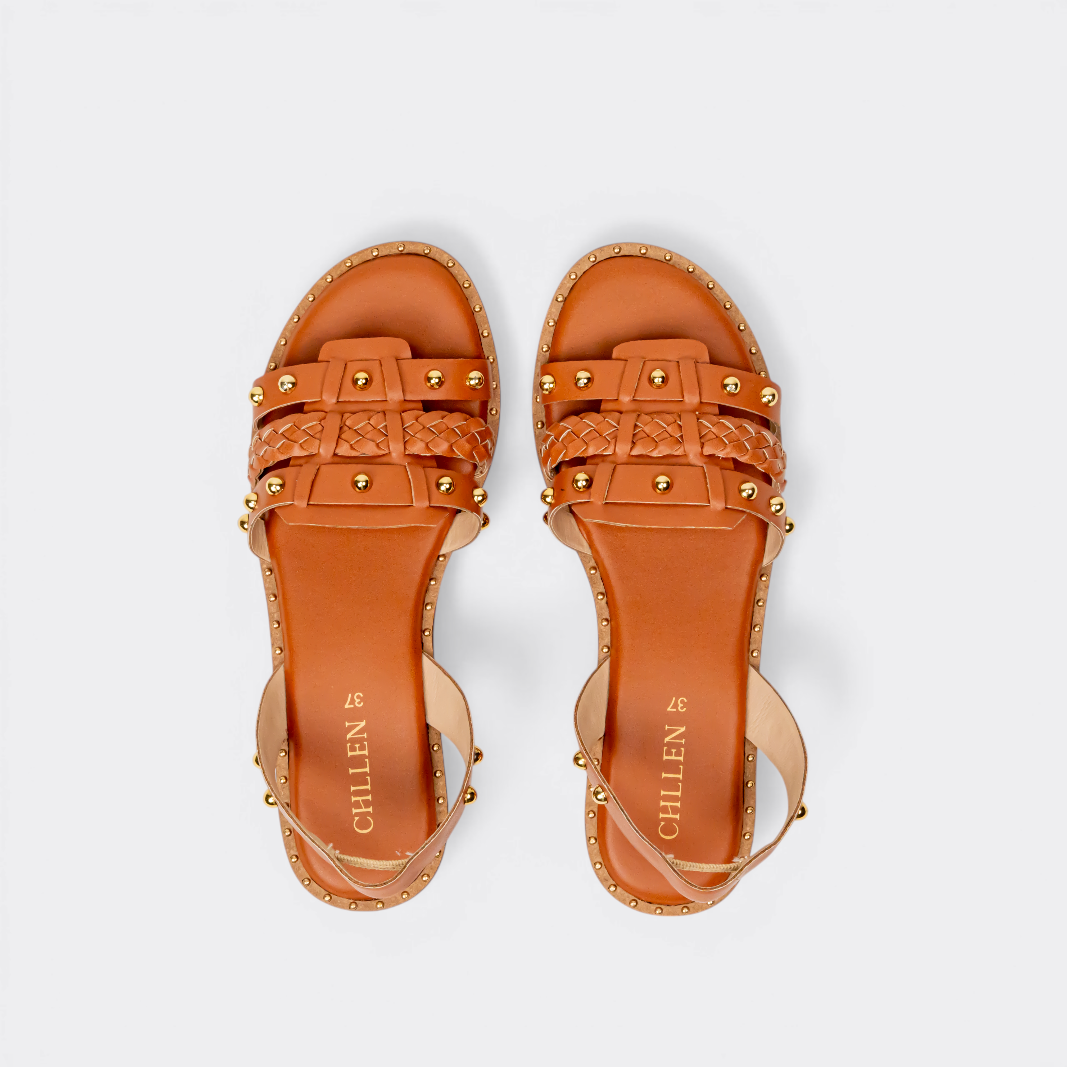 CHLLEN Tan Studded Braided Slingback Flats