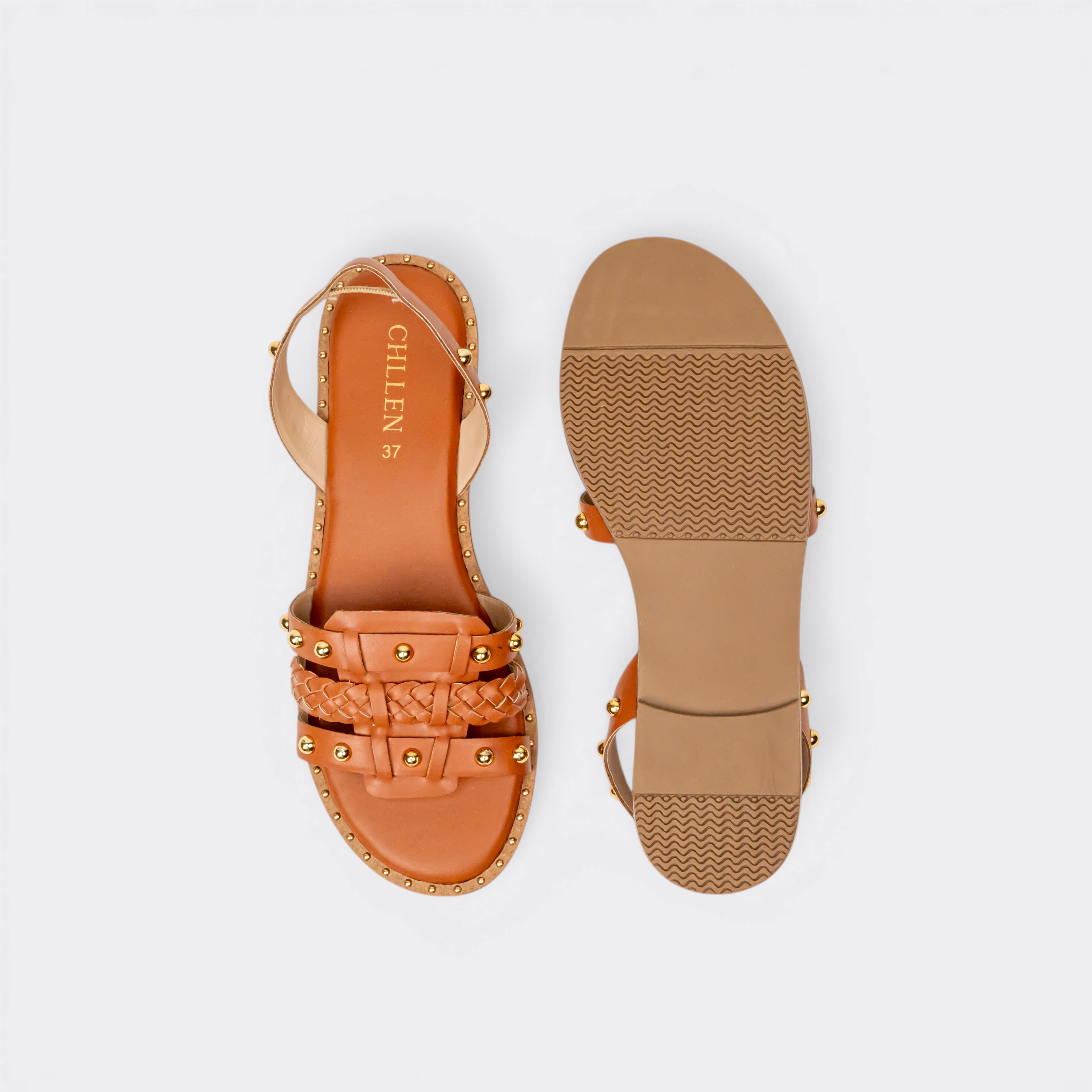 CHLLEN Tan Studded Braided Slingback Flats
