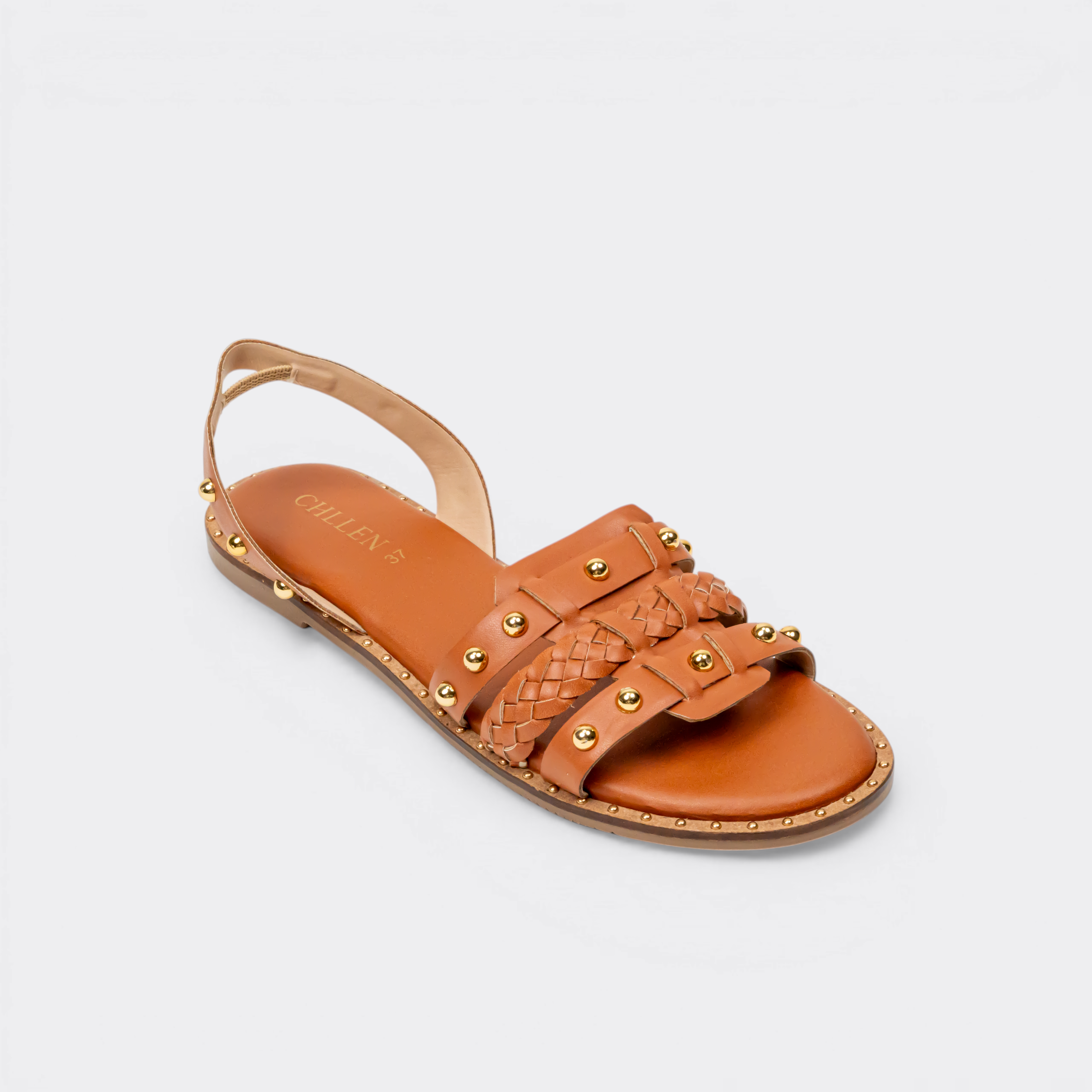 CHLLEN Tan Studded Braided Slingback Flats