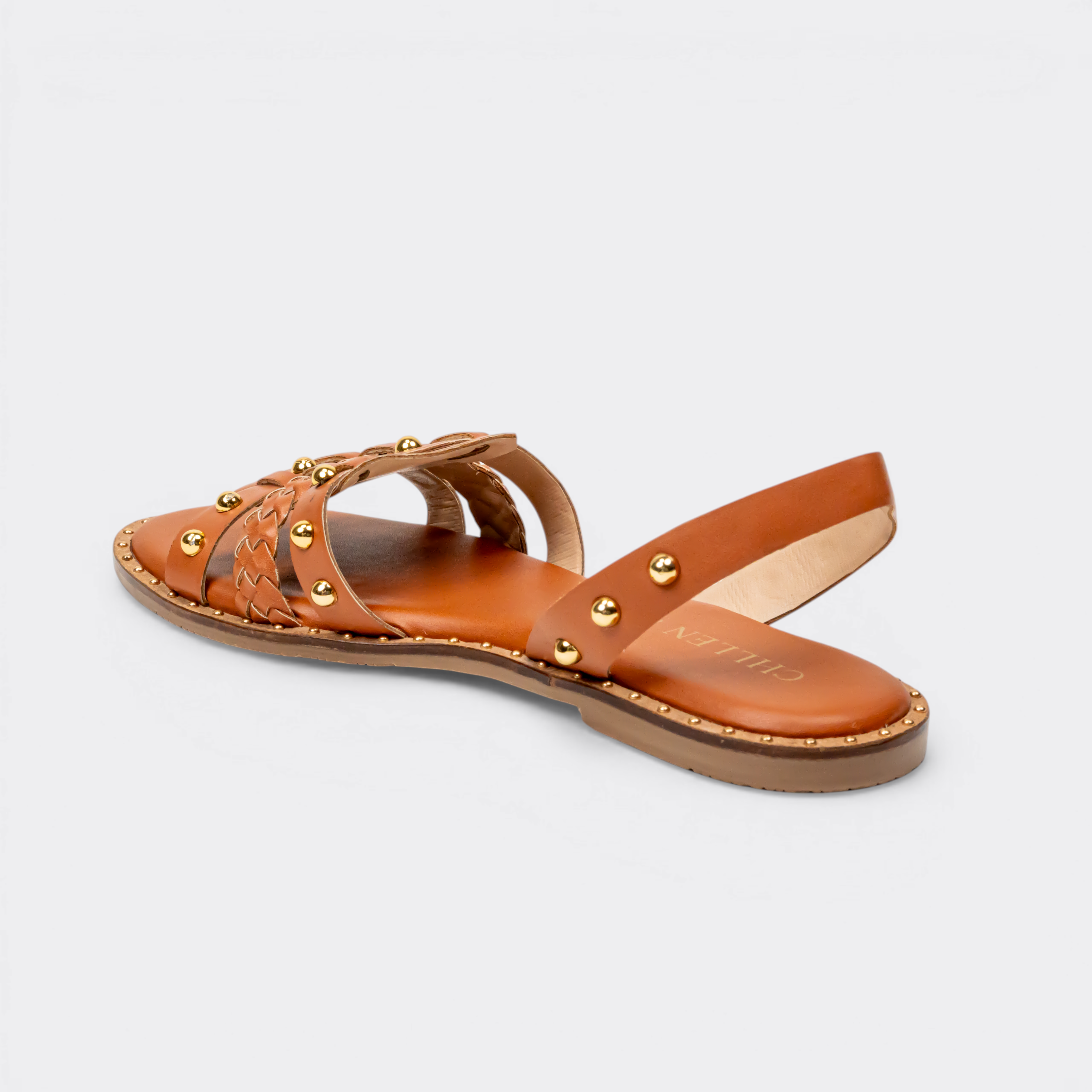 CHLLEN Tan Studded Braided Slingback Flats