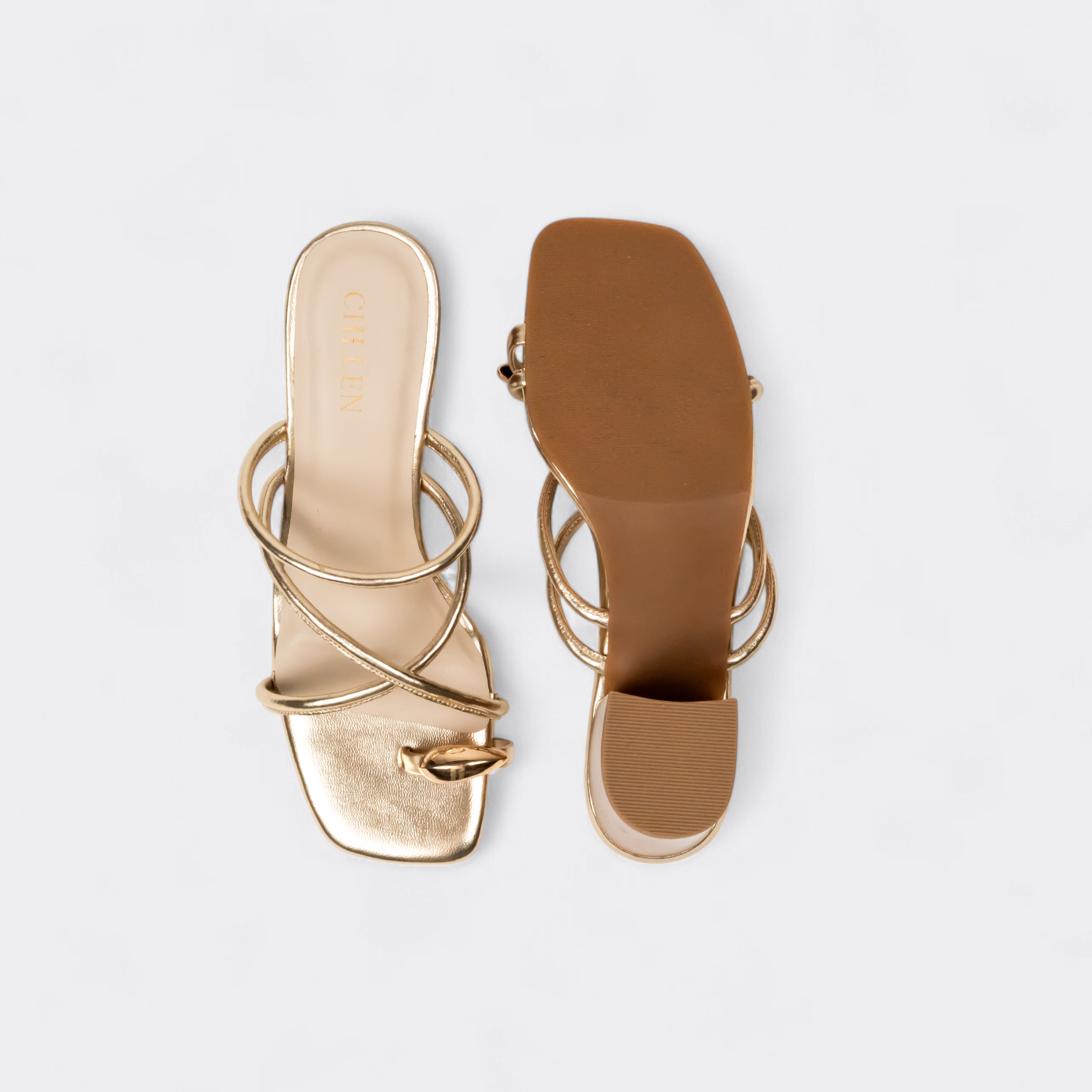 CHLLEN Pearl Gold Twist Strap Sandals