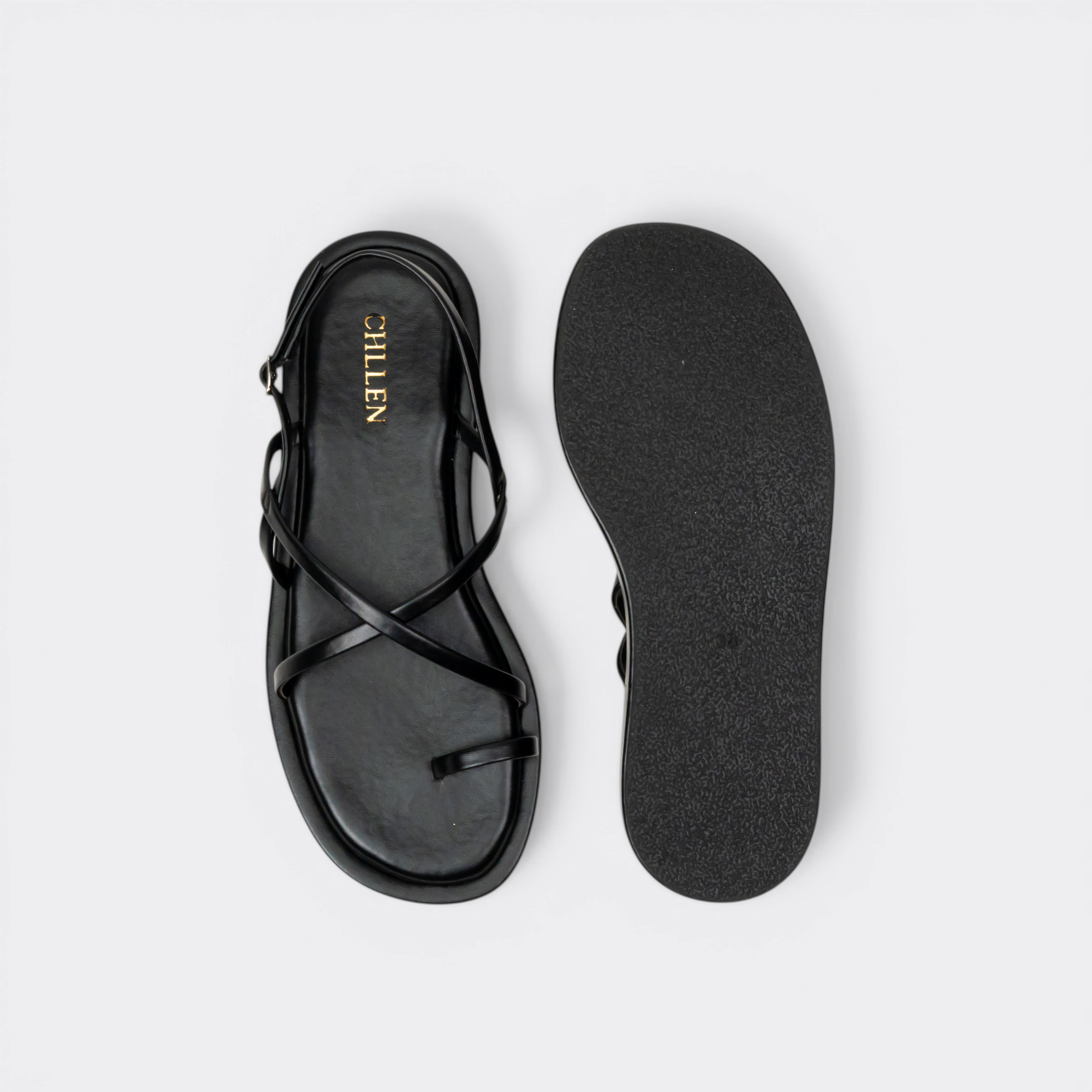 CHLLEN Noir Minimal Toe-Ring Slingback Flats