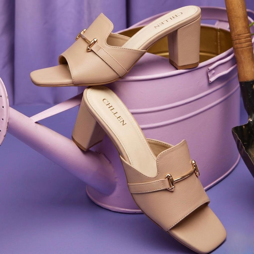 CHLLEN Taupe Metal Accent Strap Heels