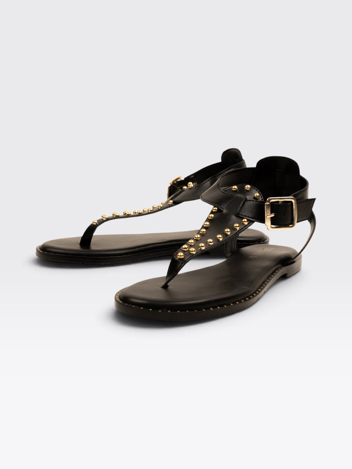 CHLLEN Black Studded Toe-Loop Flat Sandals with Ankle Buckle