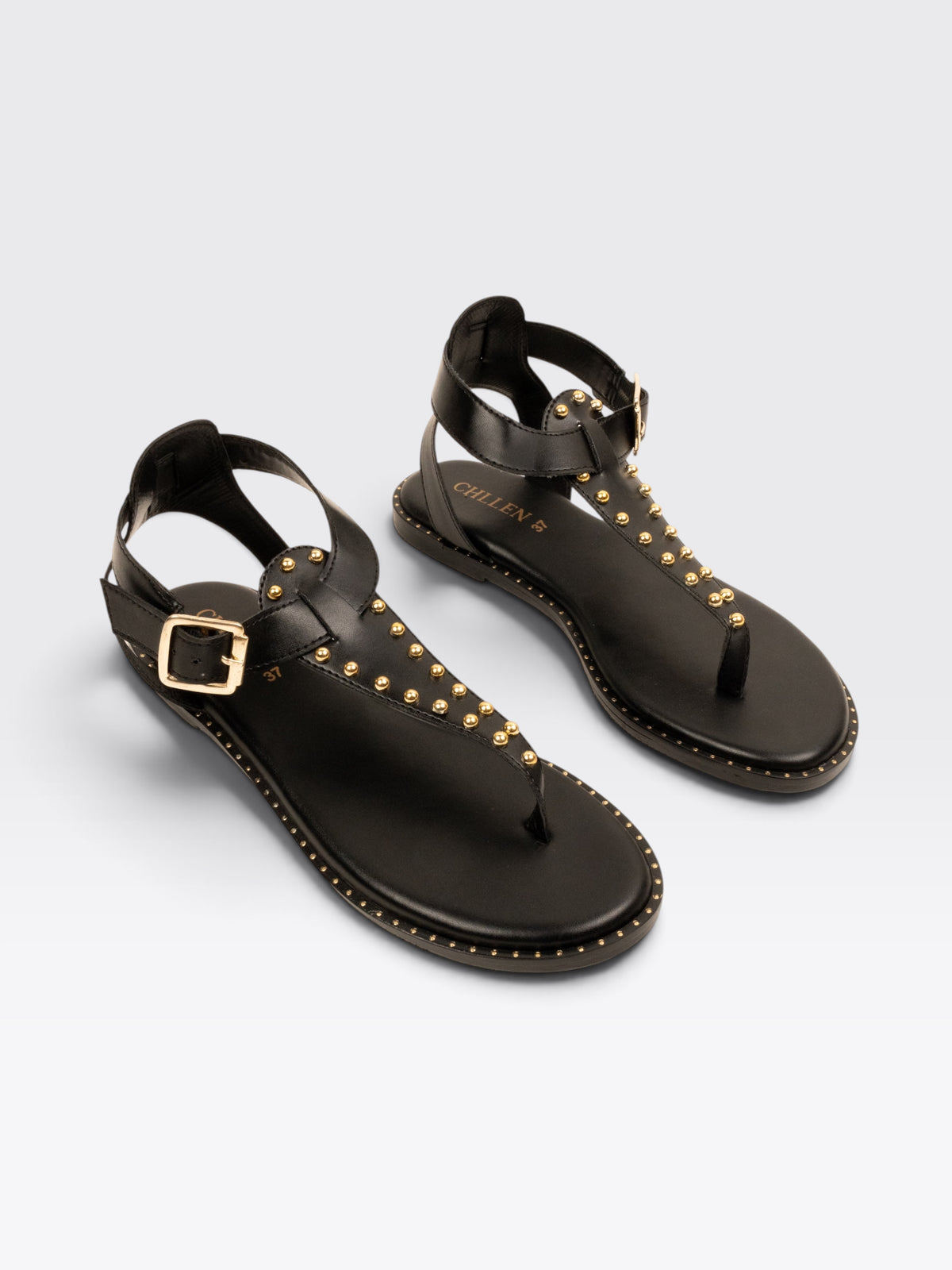 CHLLEN Black Studded Toe-Loop Flat Sandals with Ankle Buckle