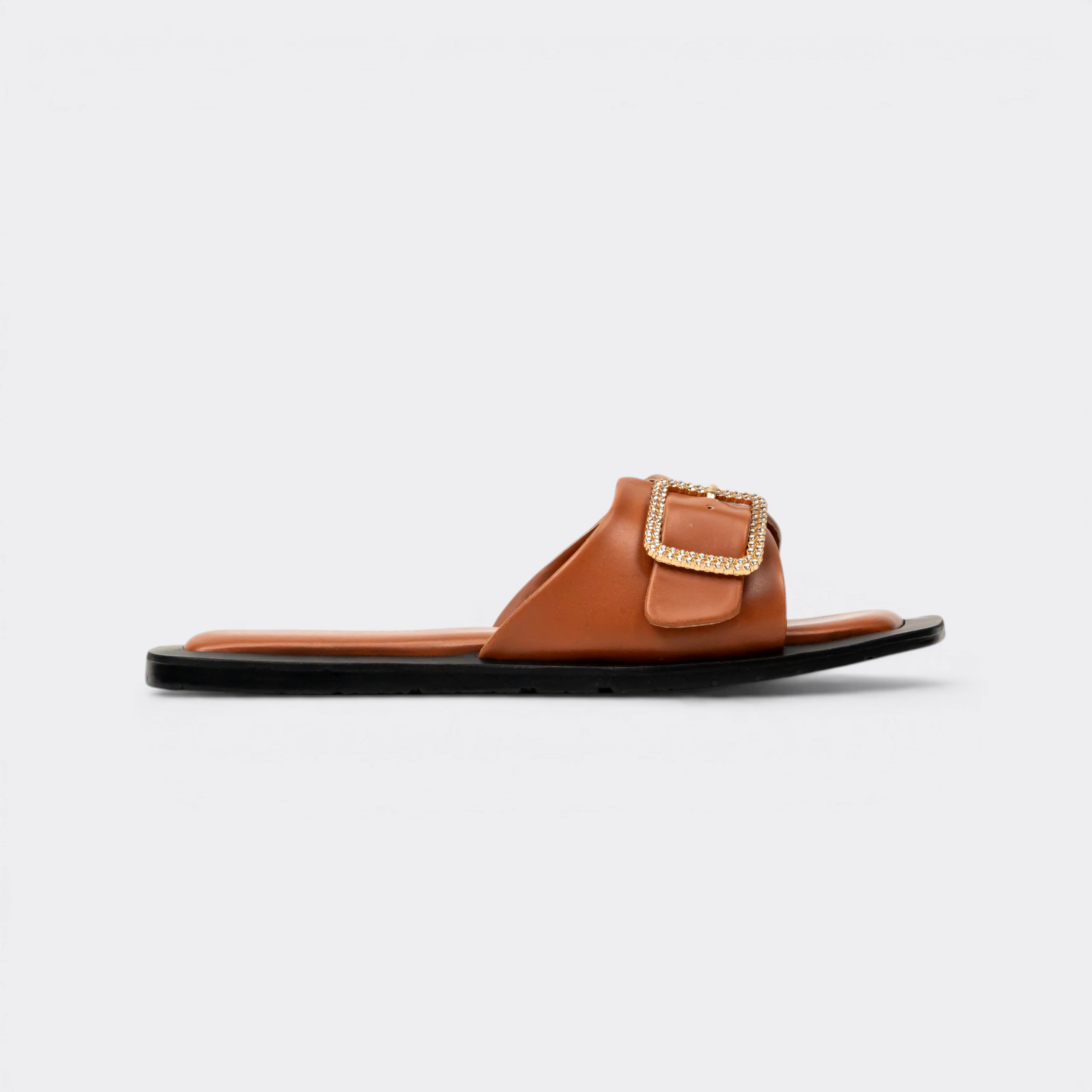 CHLLEN Tan Crystal Buckle Minimalist Flats