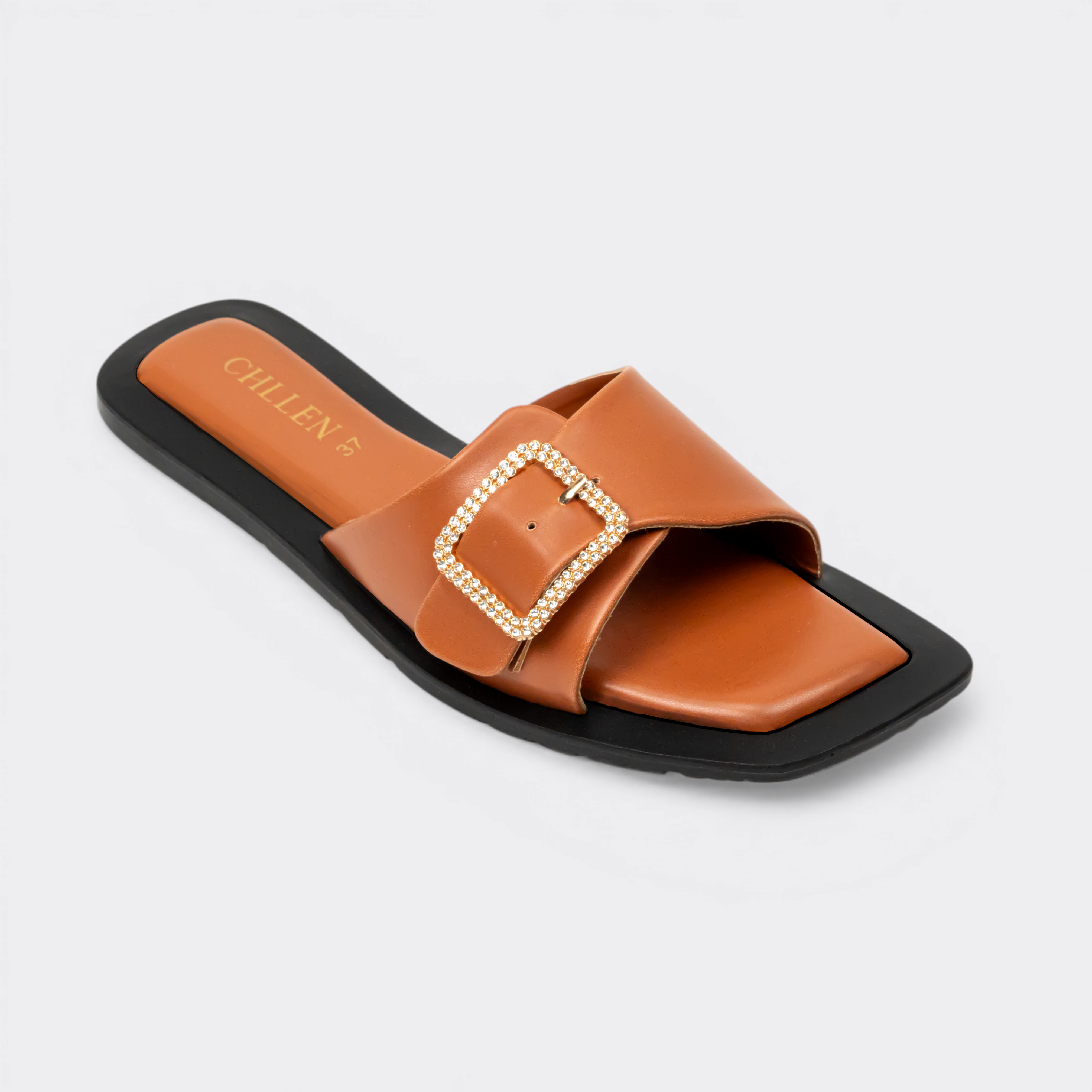 CHLLEN Tan Crystal Buckle Minimalist Flats