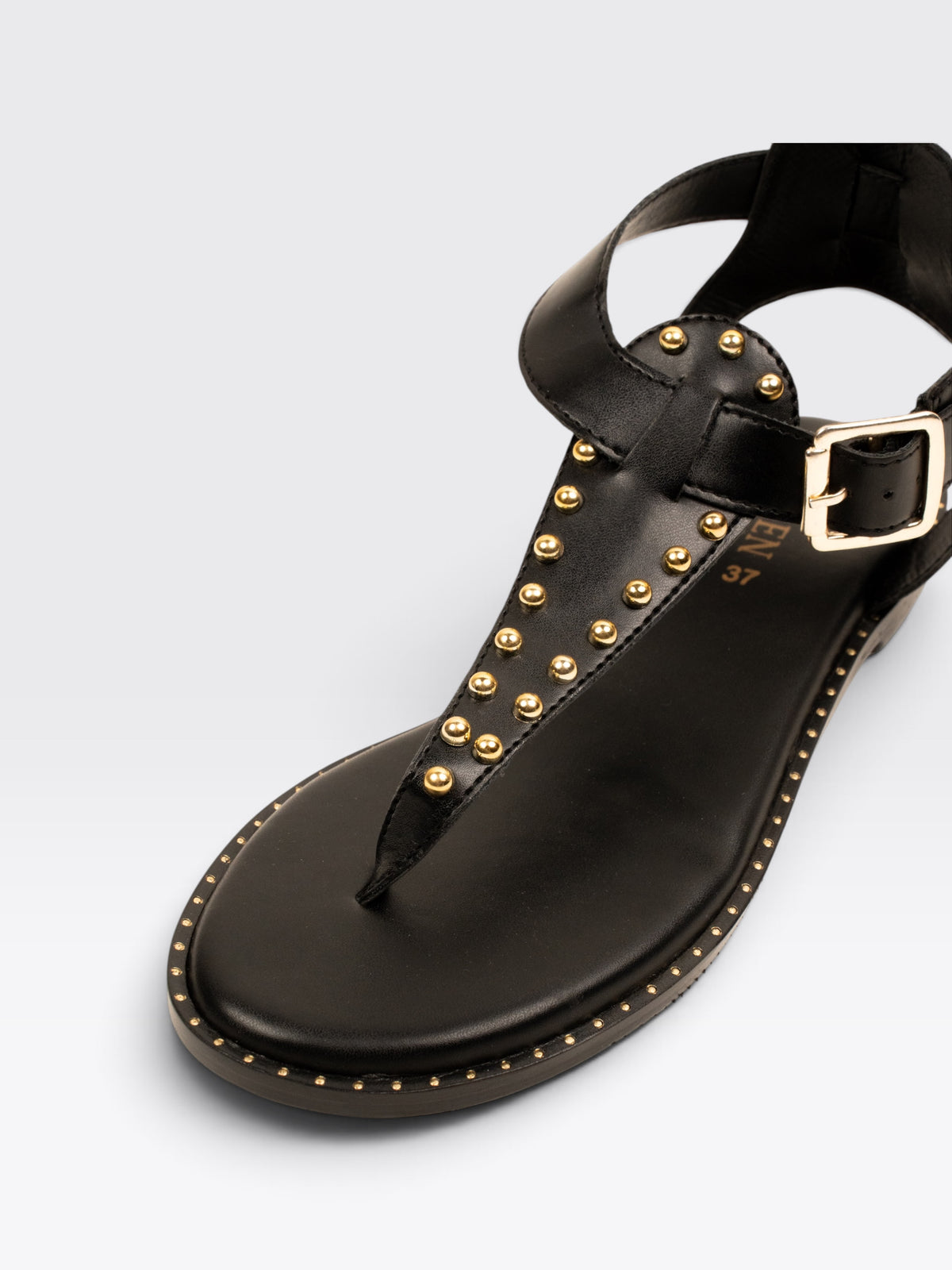 CHLLEN Black Studded Toe-Loop Flat Sandals with Ankle Buckle