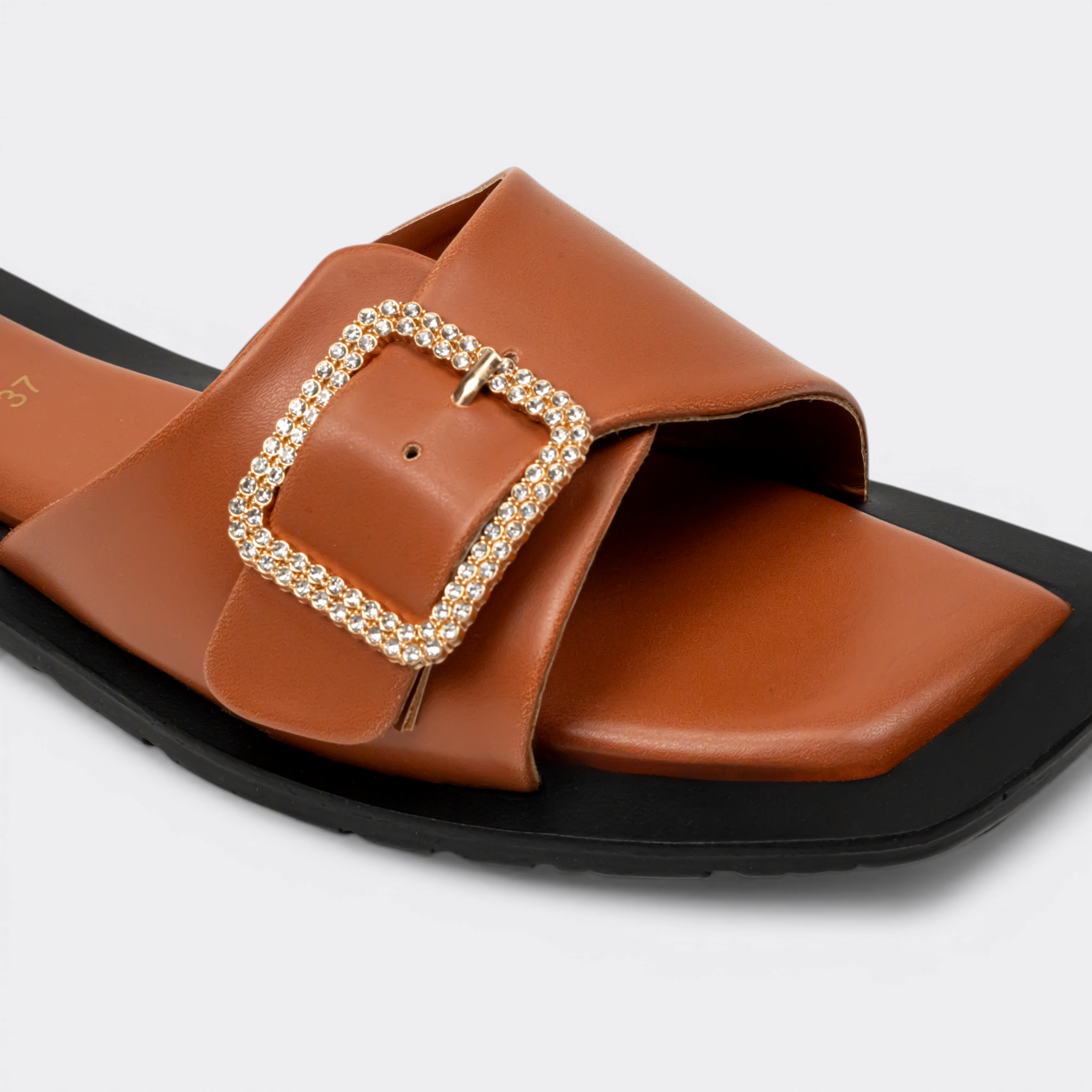 CHLLEN Tan Crystal Buckle Minimalist Flats