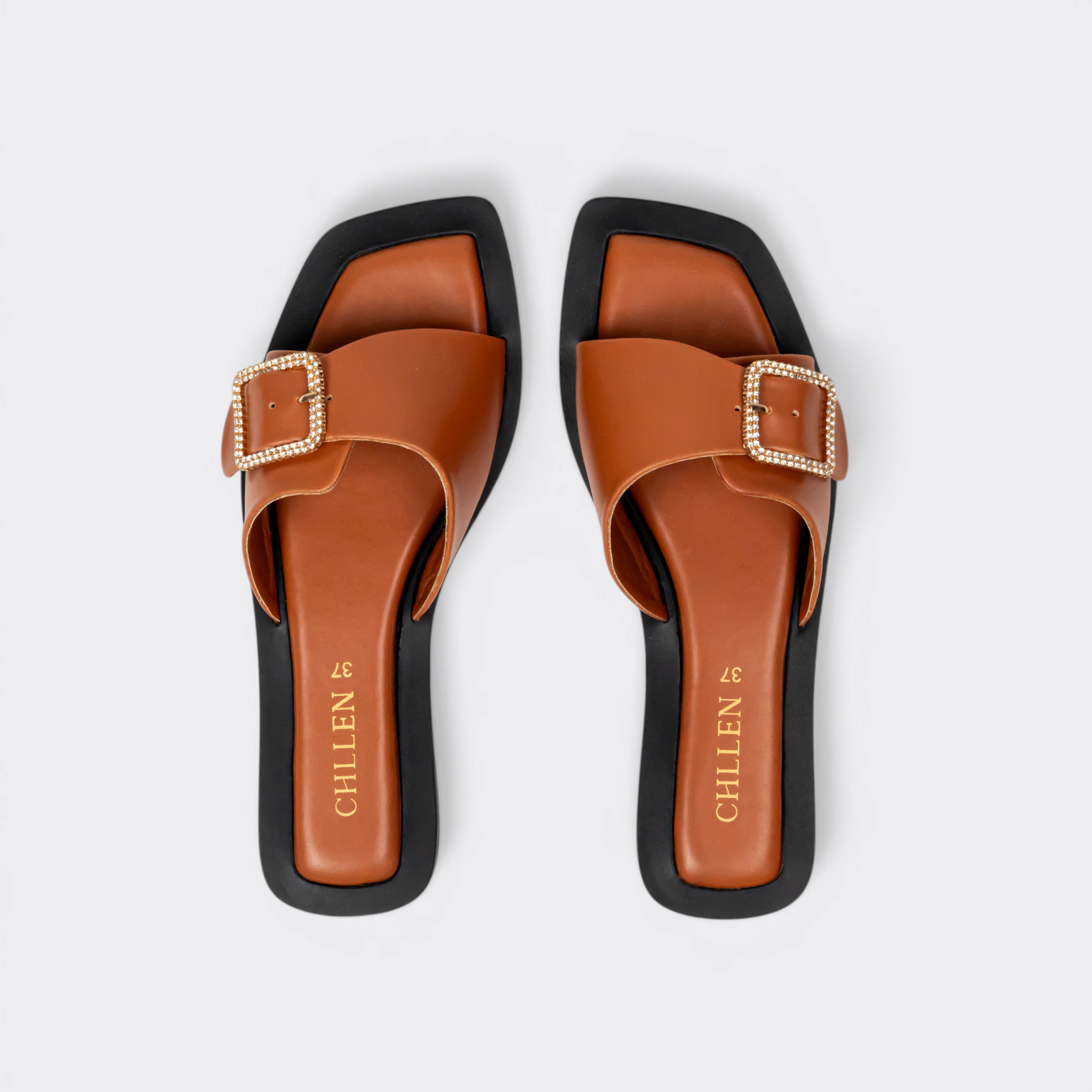 CHLLEN Tan Crystal Buckle Minimalist Flats