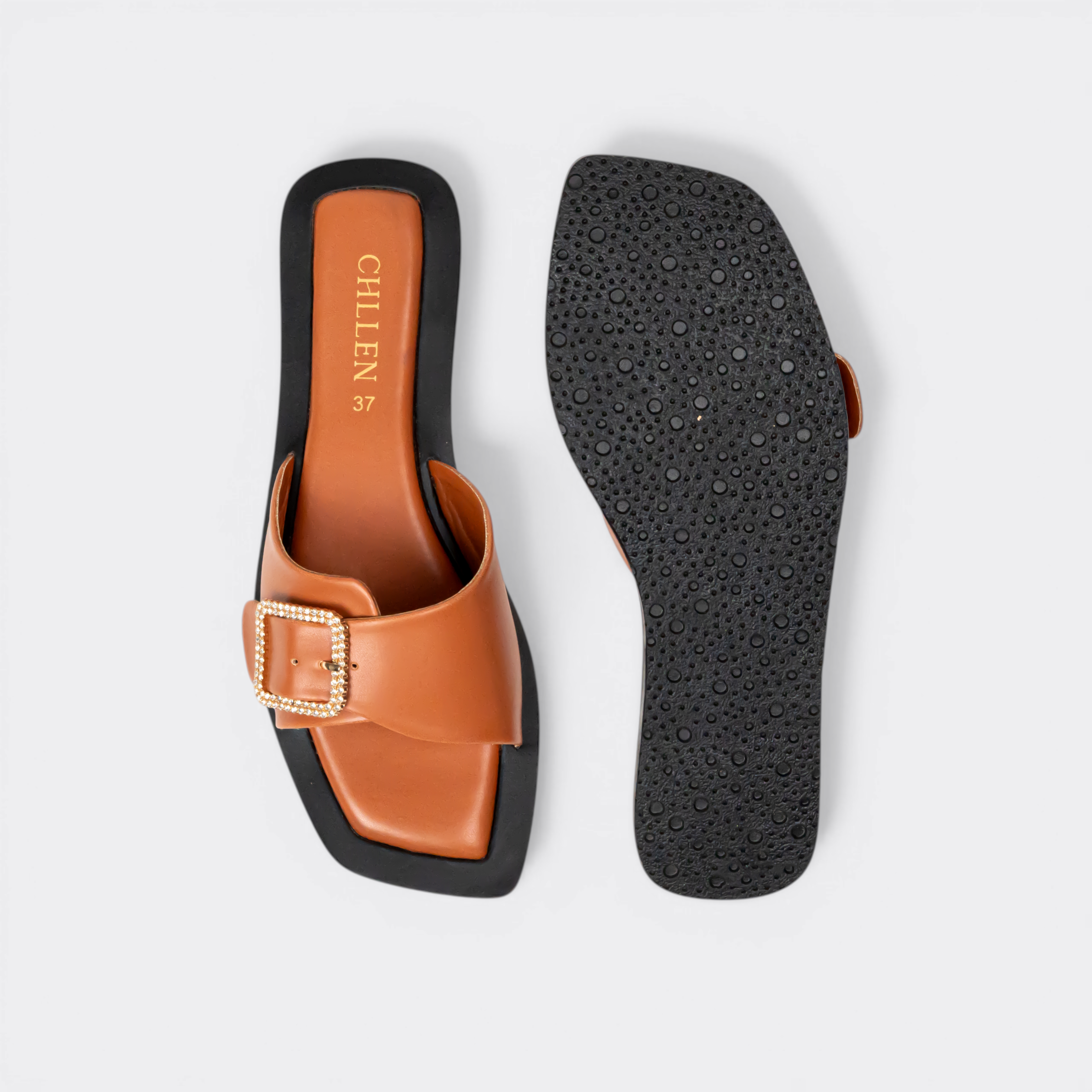CHLLEN Tan Crystal Buckle Minimalist Flats