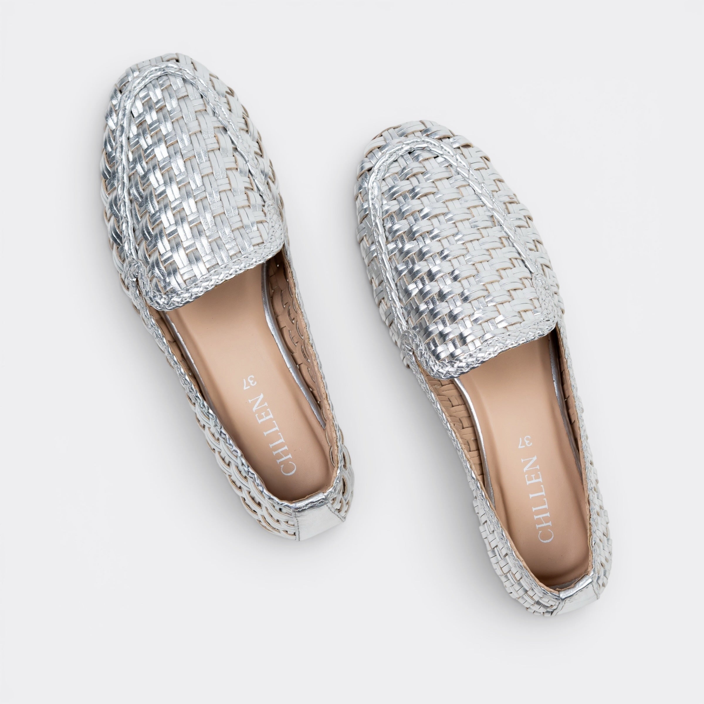 CHLLEN Celeste Woven Metallic Loafer Flats – Silver