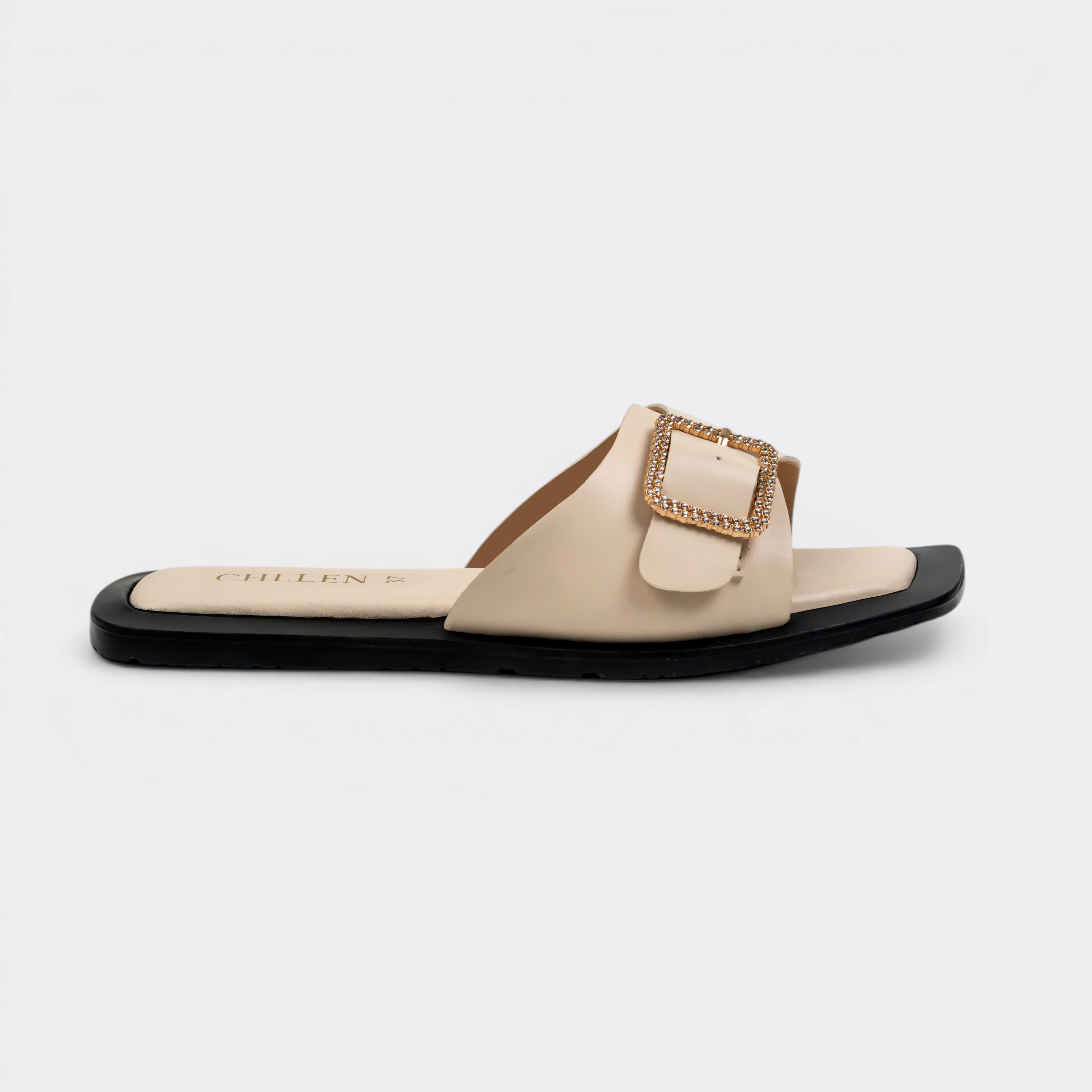 CHLLEN Ivory Crystal Buckle Slide Flats