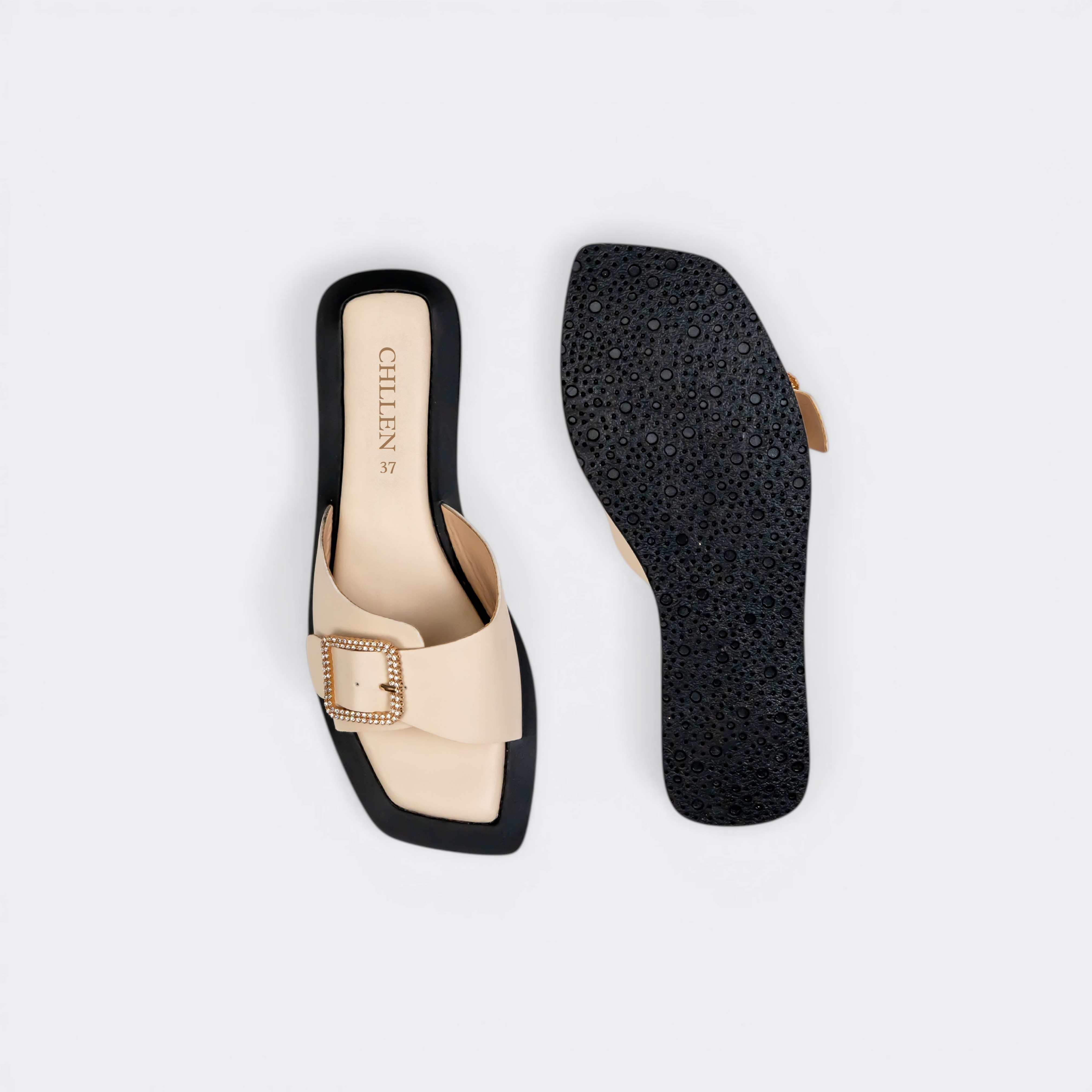 CHLLEN Ivory Crystal Buckle Slide Flats