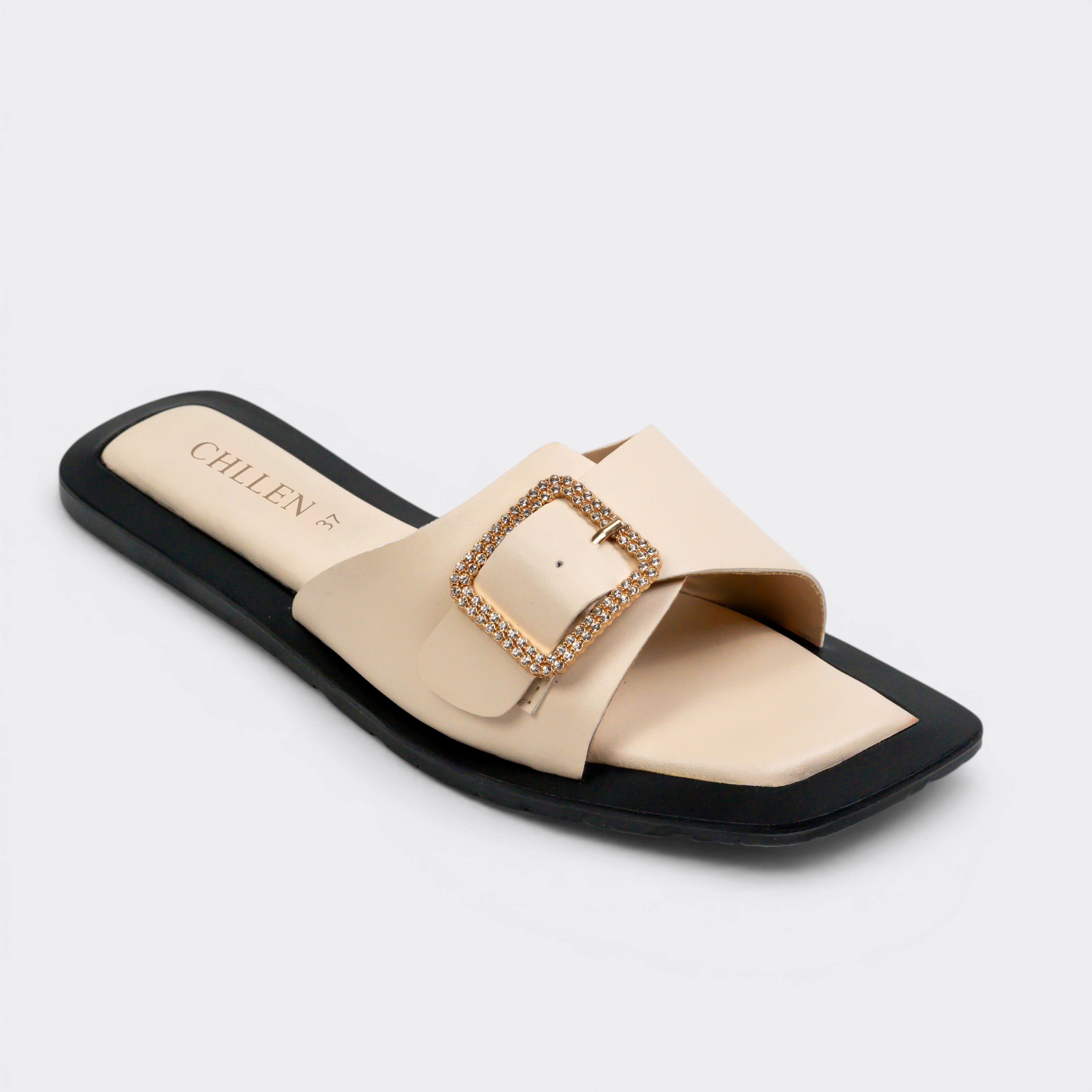 CHLLEN Ivory Crystal Buckle Slide Flats