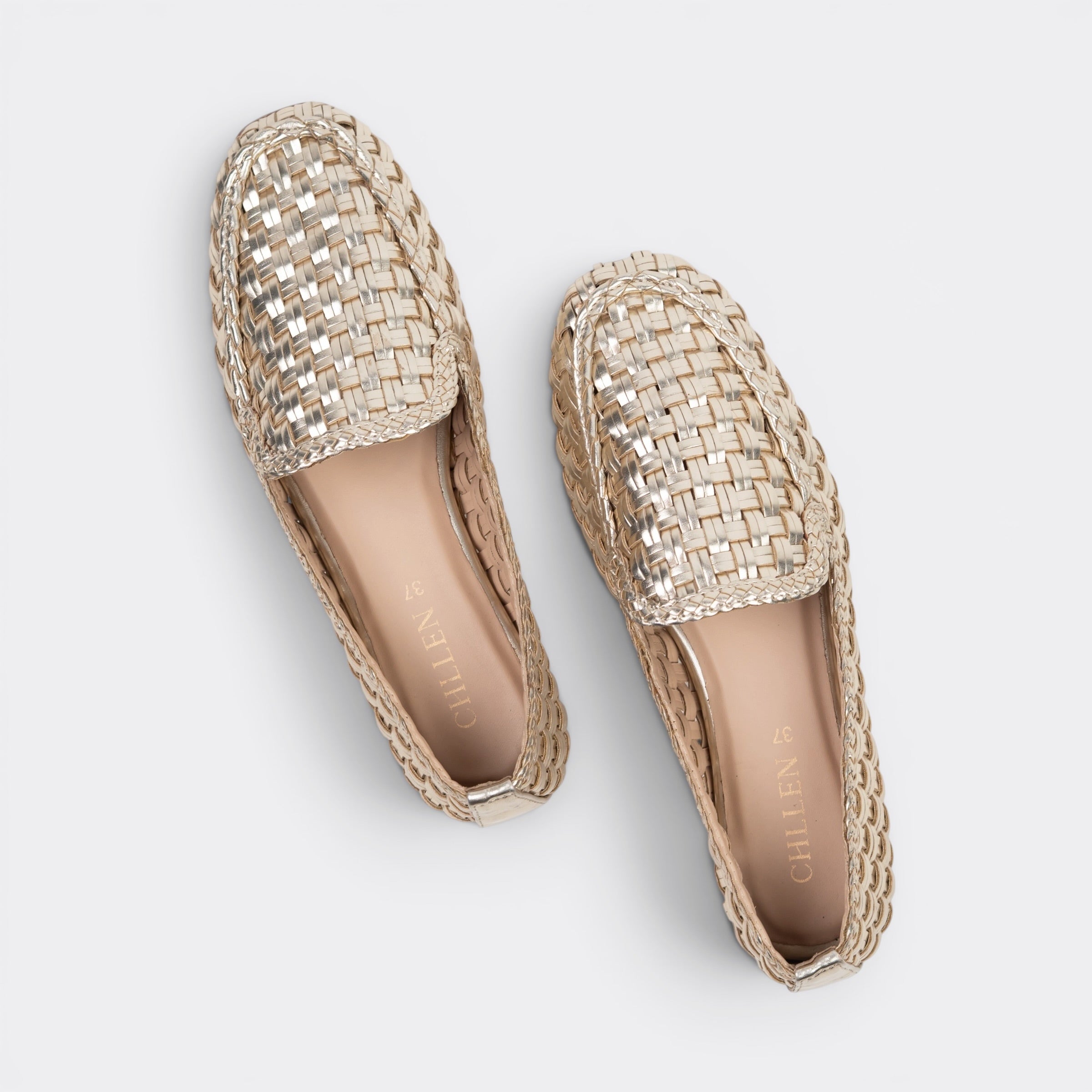 CHLLEN Celeste Woven Metallic Loafer Flats – Champagne Gold