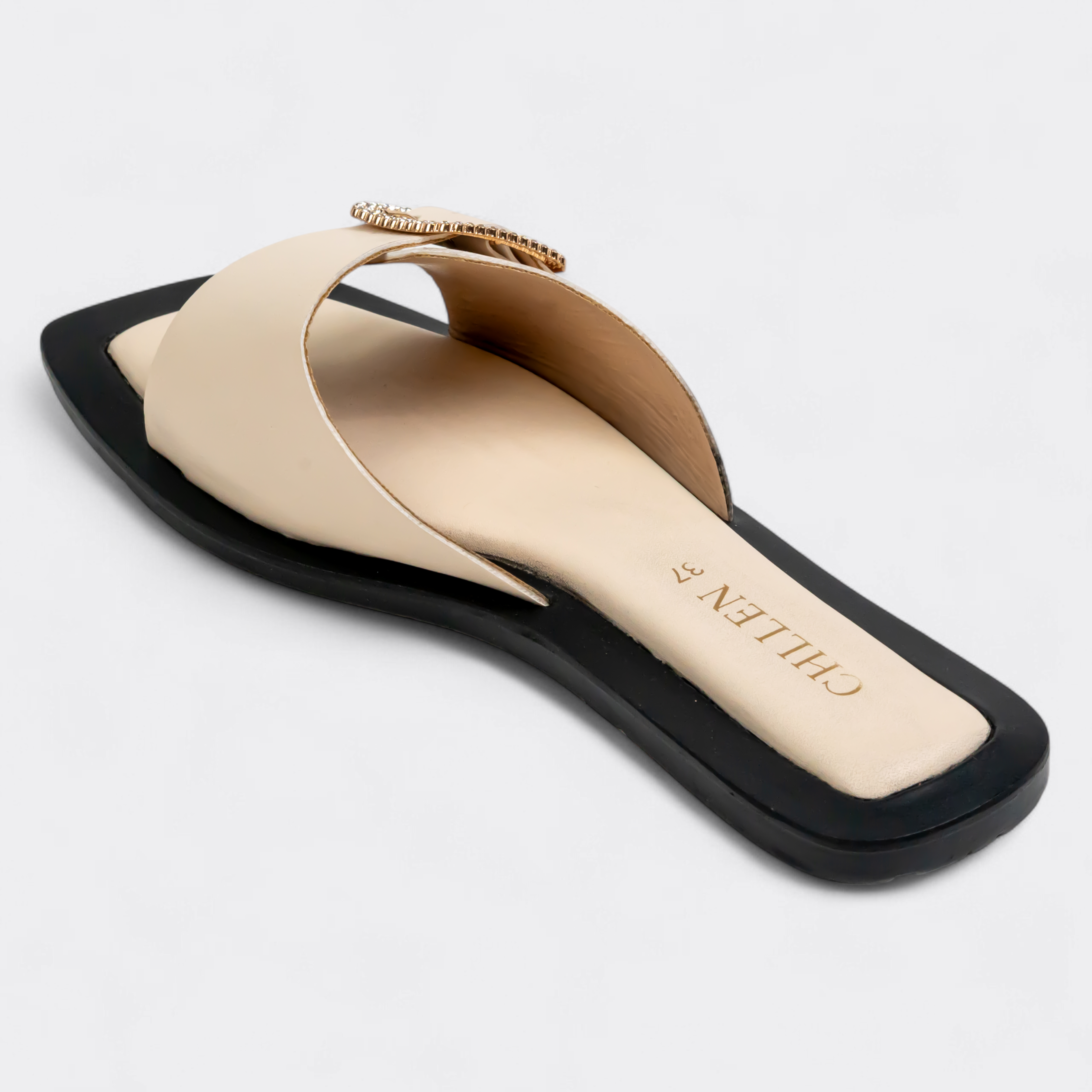 CHLLEN Ivory Crystal Buckle Slide Flats