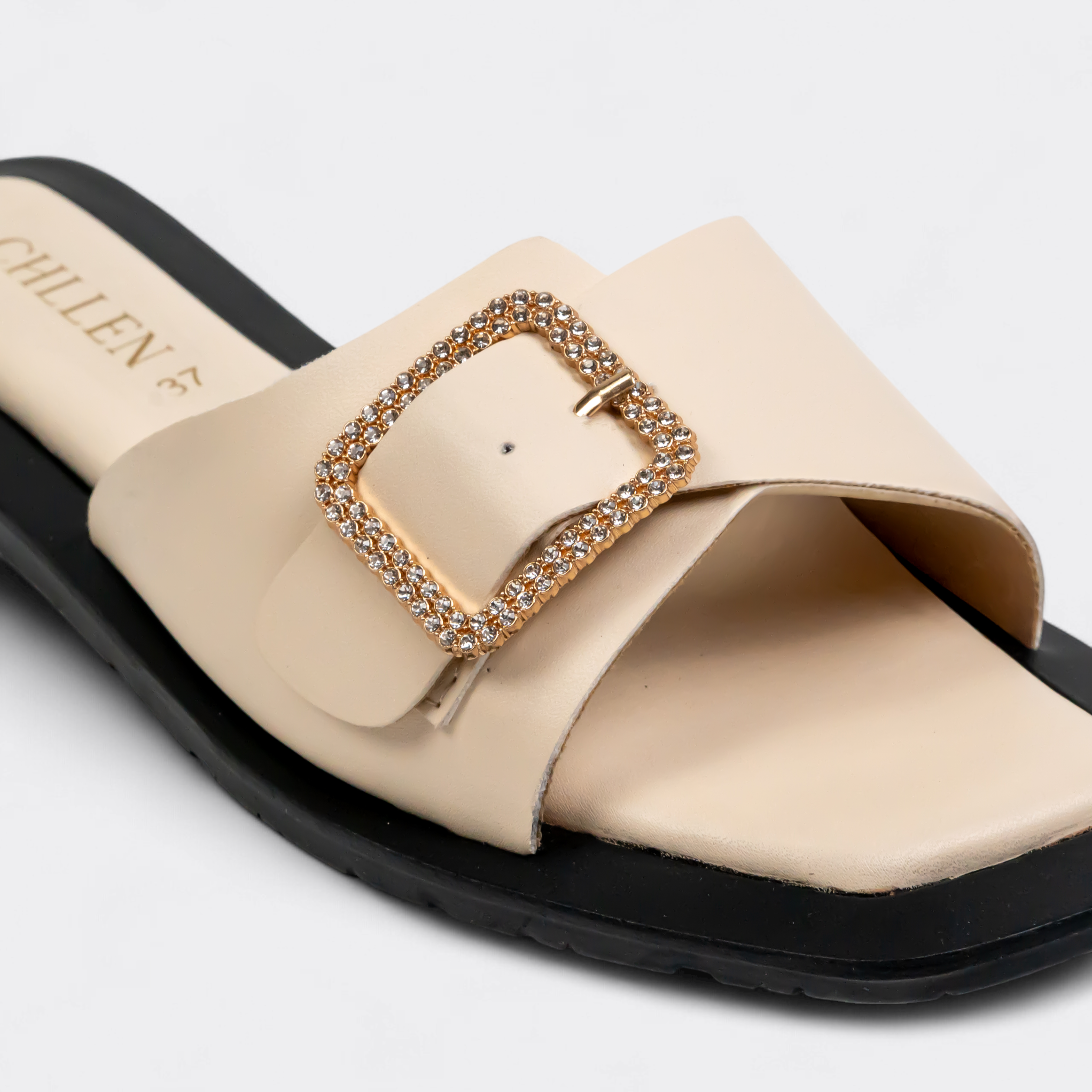 CHLLEN Ivory Crystal Buckle Slide Flats
