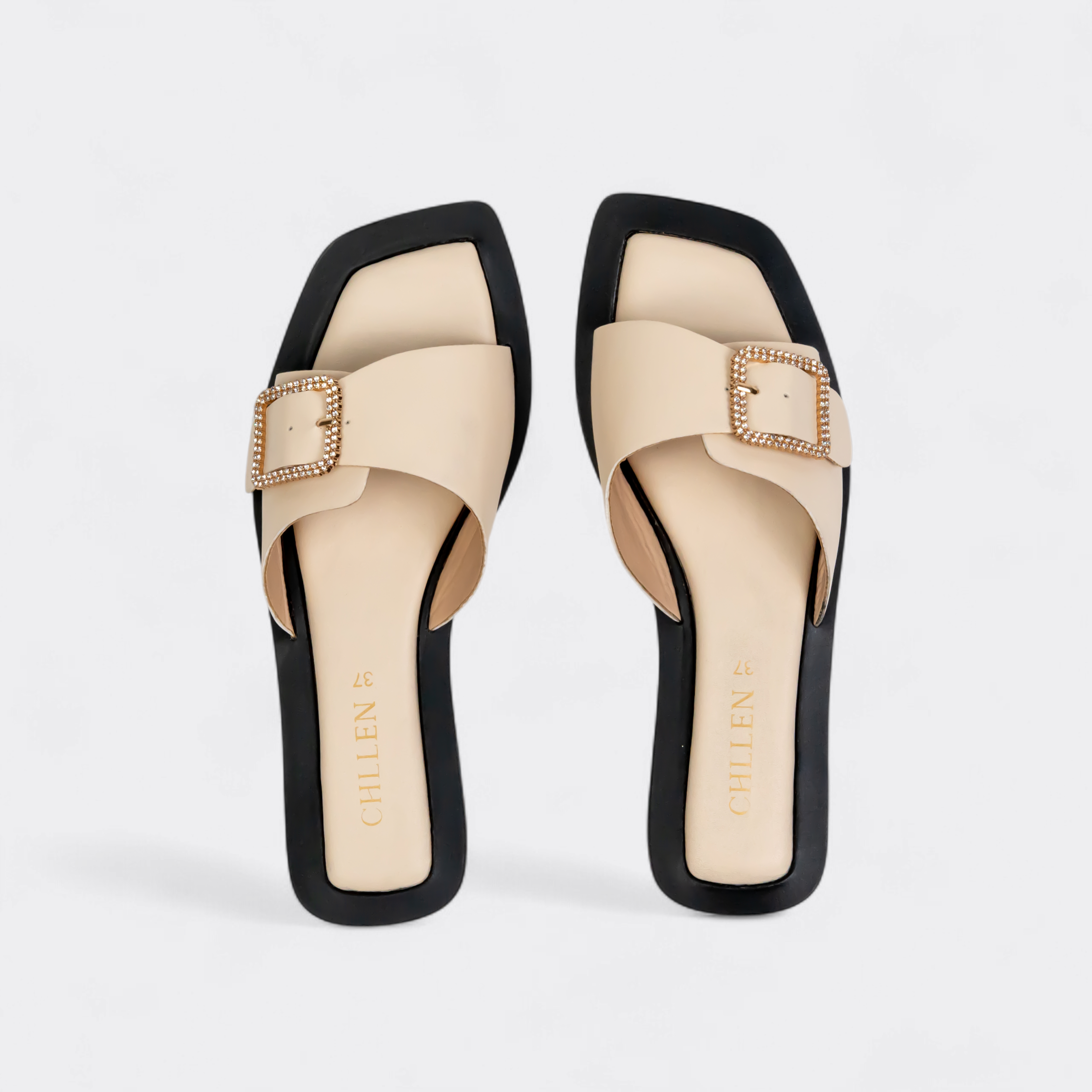 CHLLEN Ivory Crystal Buckle Slide Flats