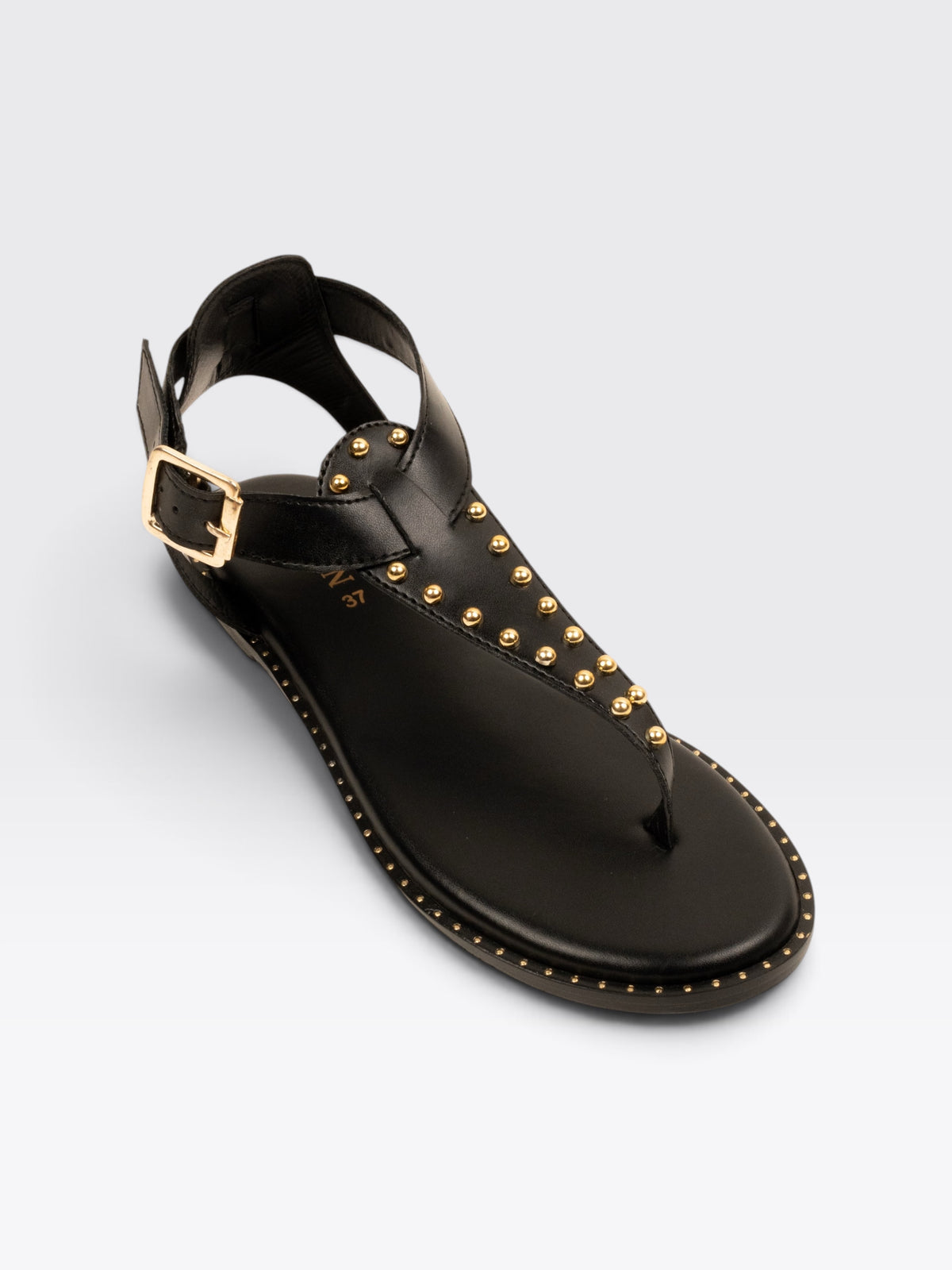 CHLLEN Black Studded Toe-Loop Flat Sandals with Ankle Buckle
