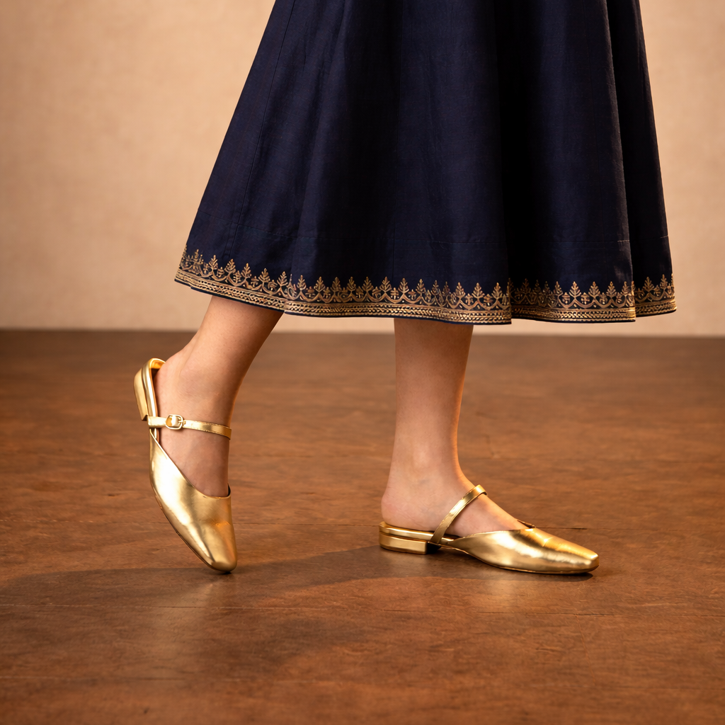 CHLLEN Metallic Gold Mary Jane Mule Flats