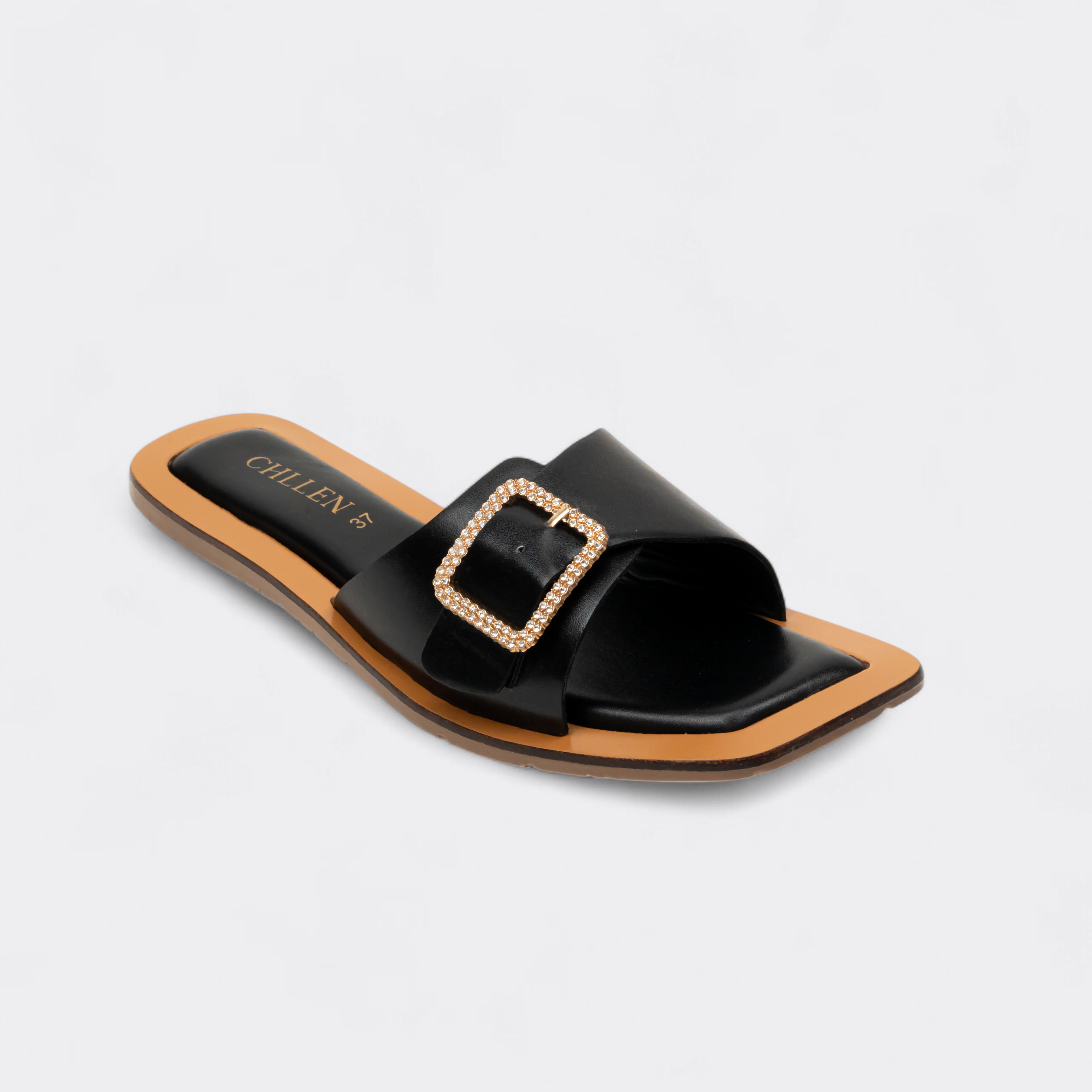CHLLEN Noir Crystal Buckle Contrast Slides