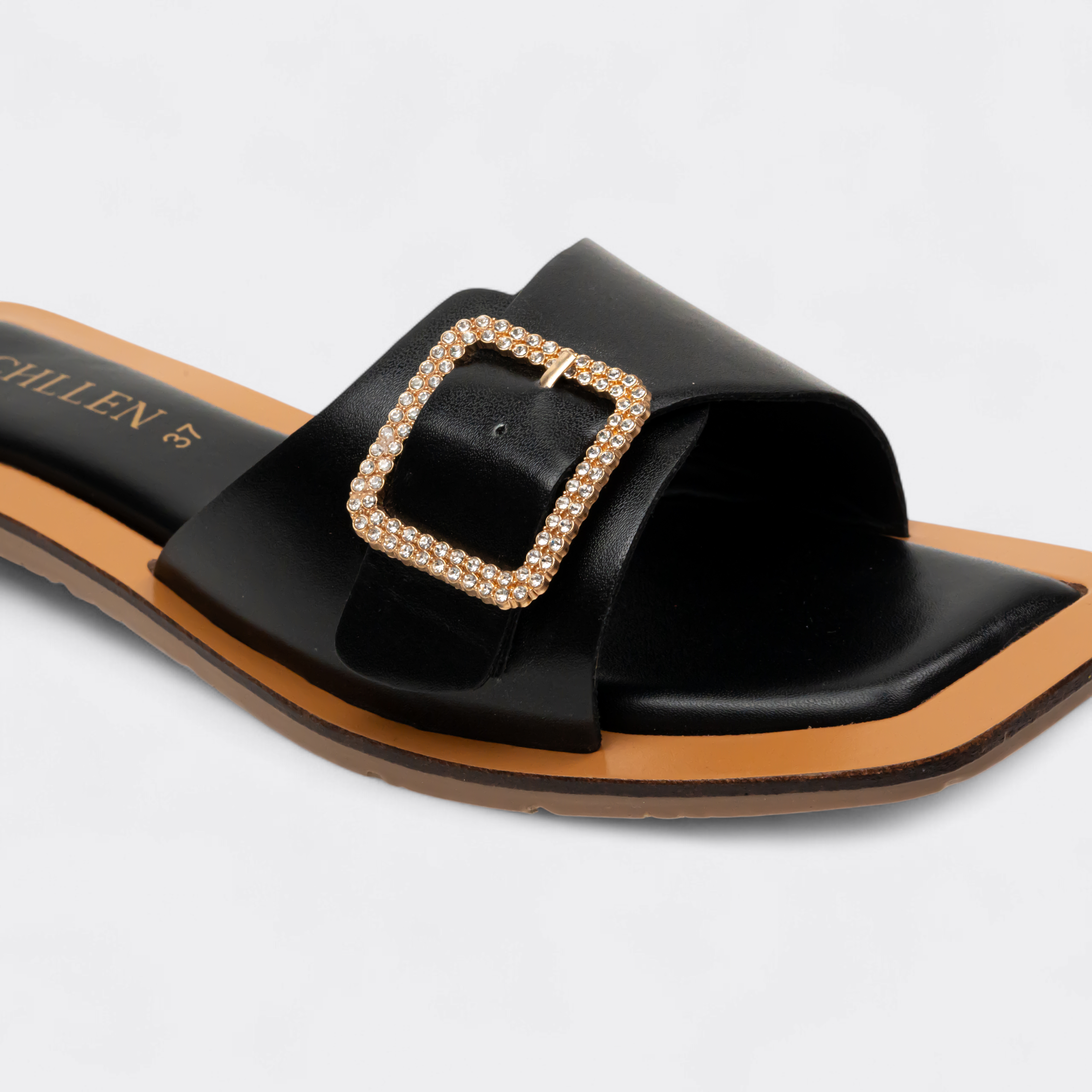 CHLLEN Noir Crystal Buckle Contrast Slides