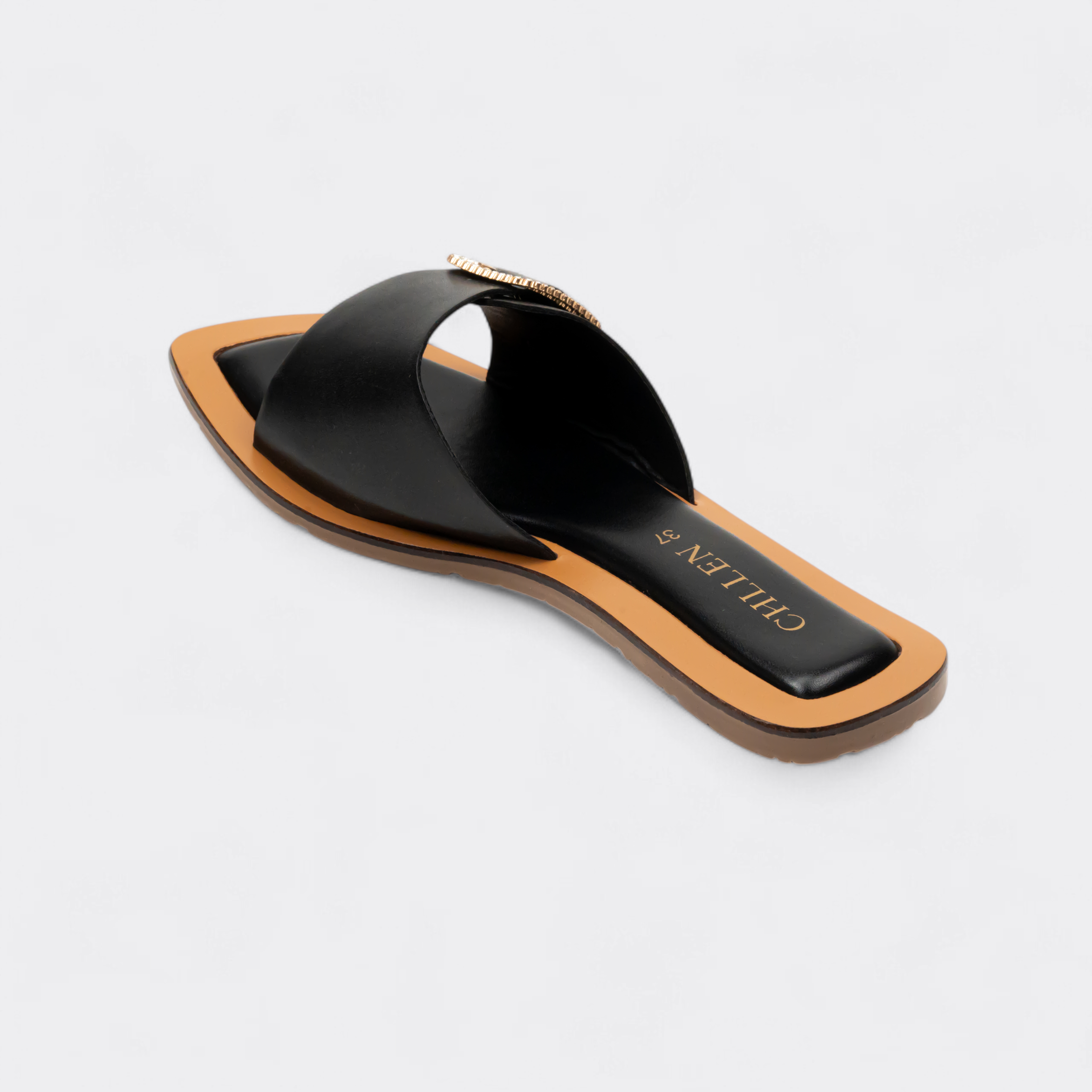 CHLLEN Noir Crystal Buckle Contrast Slides