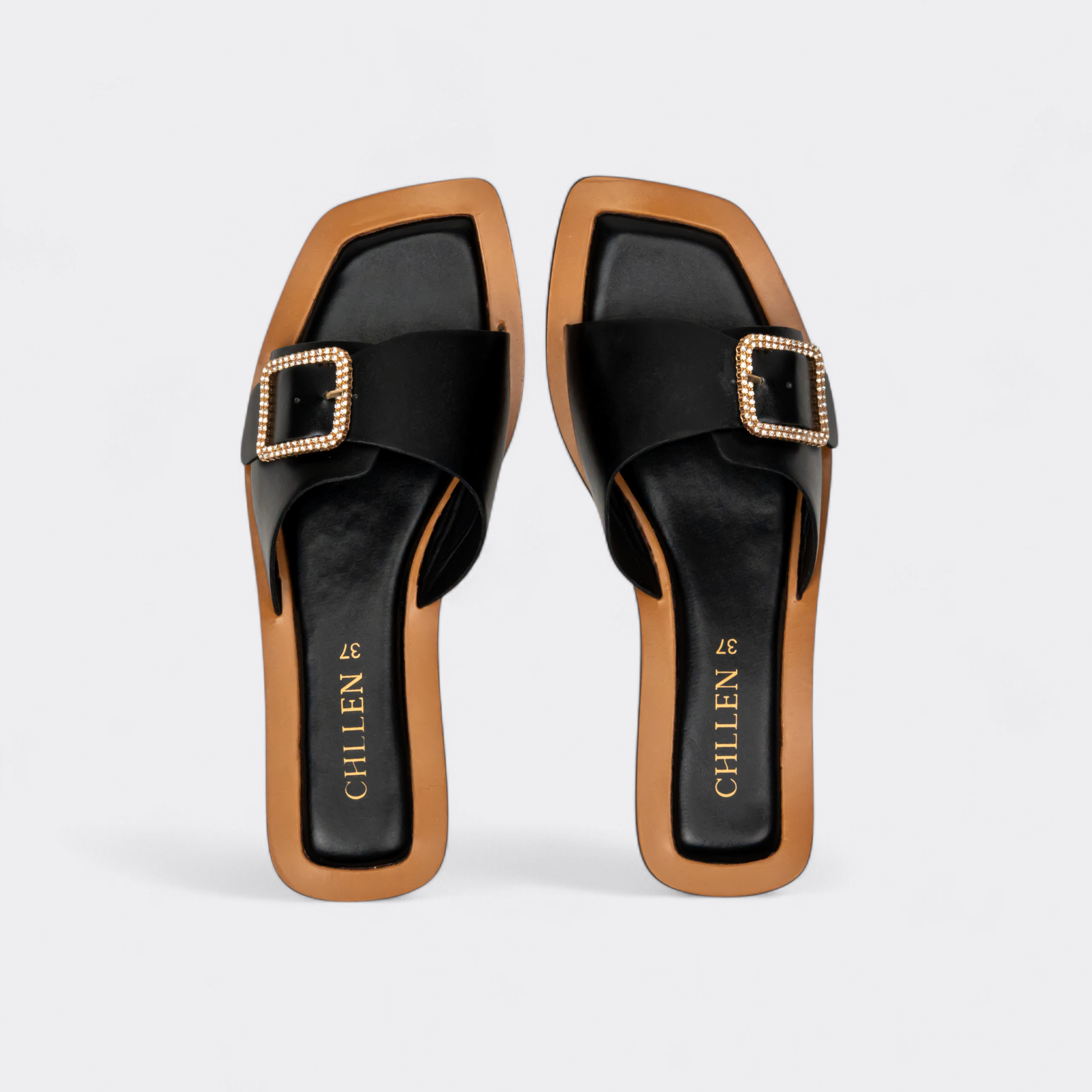 CHLLEN Noir Crystal Buckle Contrast Slides