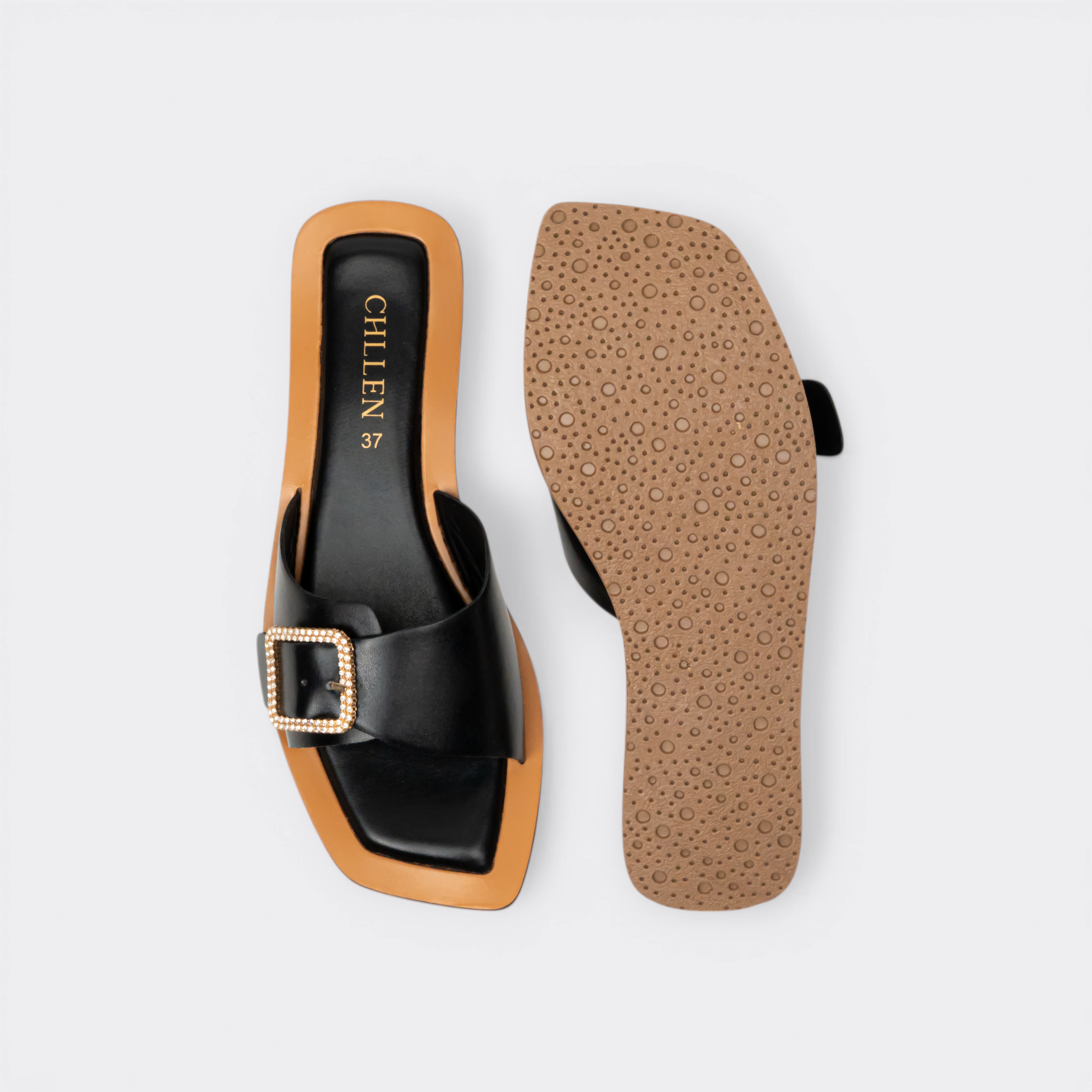 CHLLEN Noir Crystal Buckle Contrast Slides