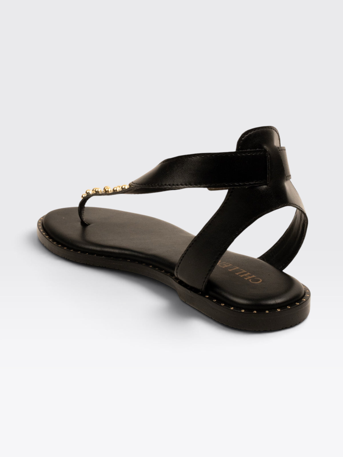 CHLLEN Black Studded Toe-Loop Flat Sandals with Ankle Buckle