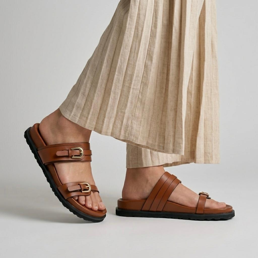 CHLLEN Tan Floral Buckle Double-Strap Slides