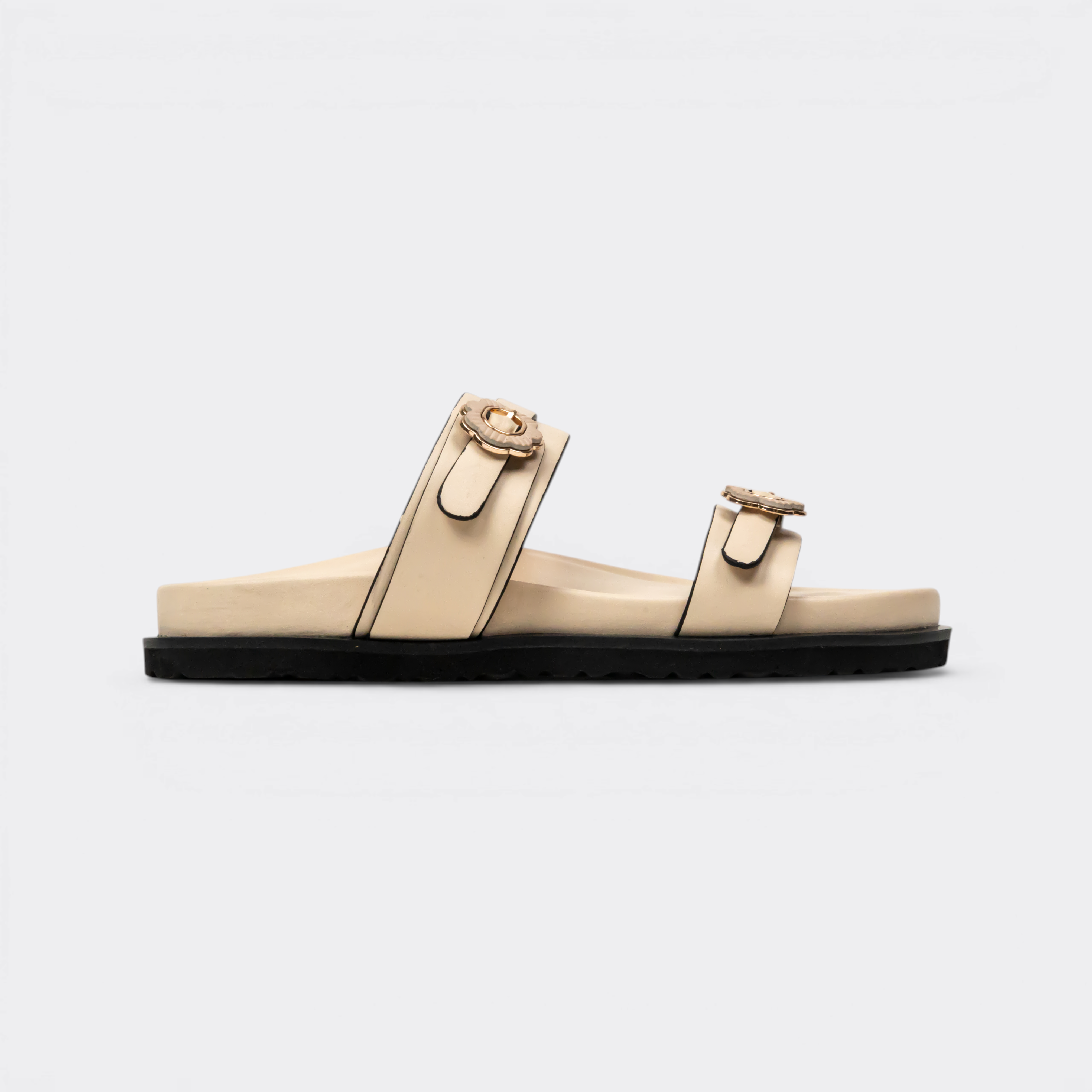 CHLLEN Beige Floral Buckle Double-Strap Slides